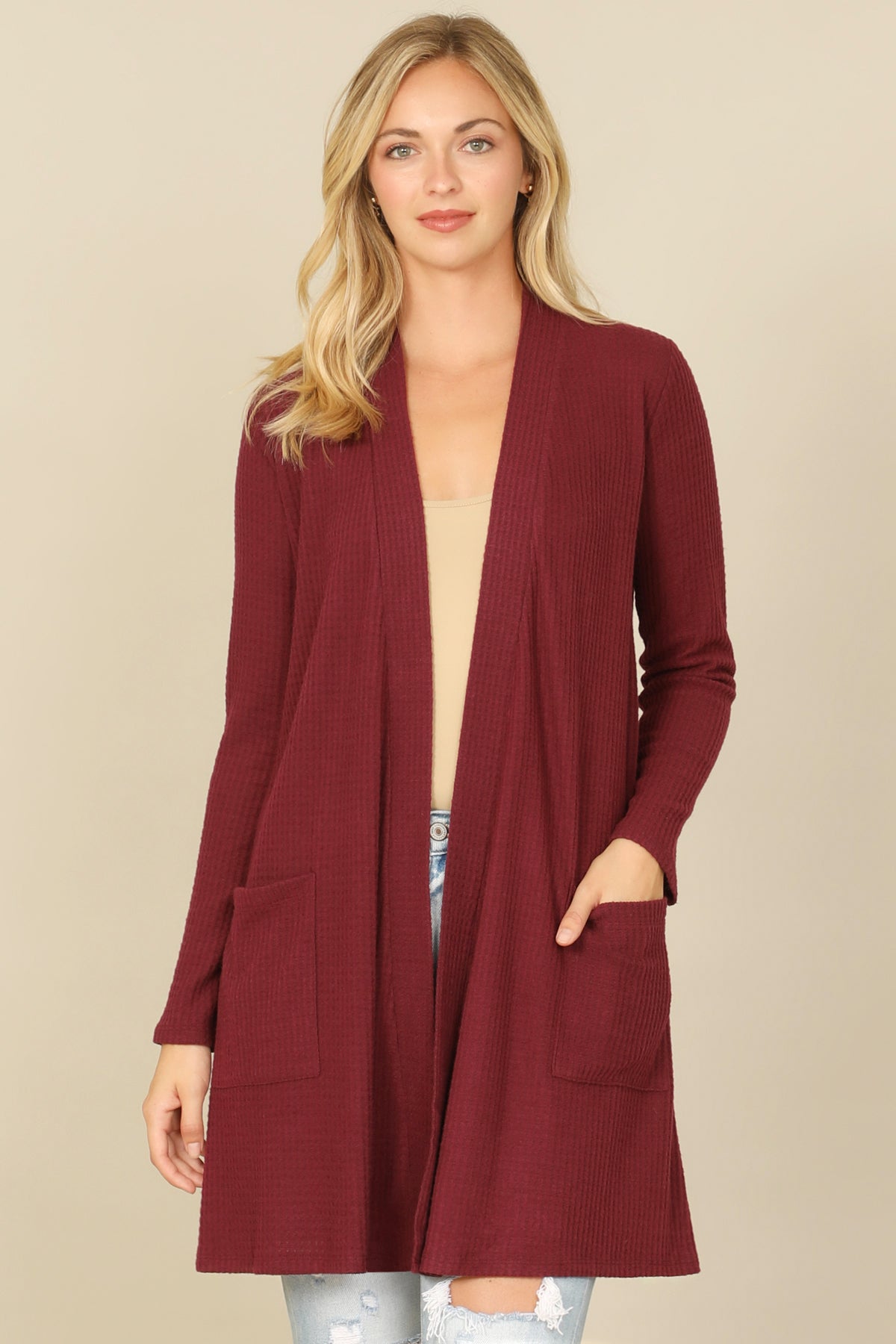 Brushed Waffle Long Sleeve Cardigan