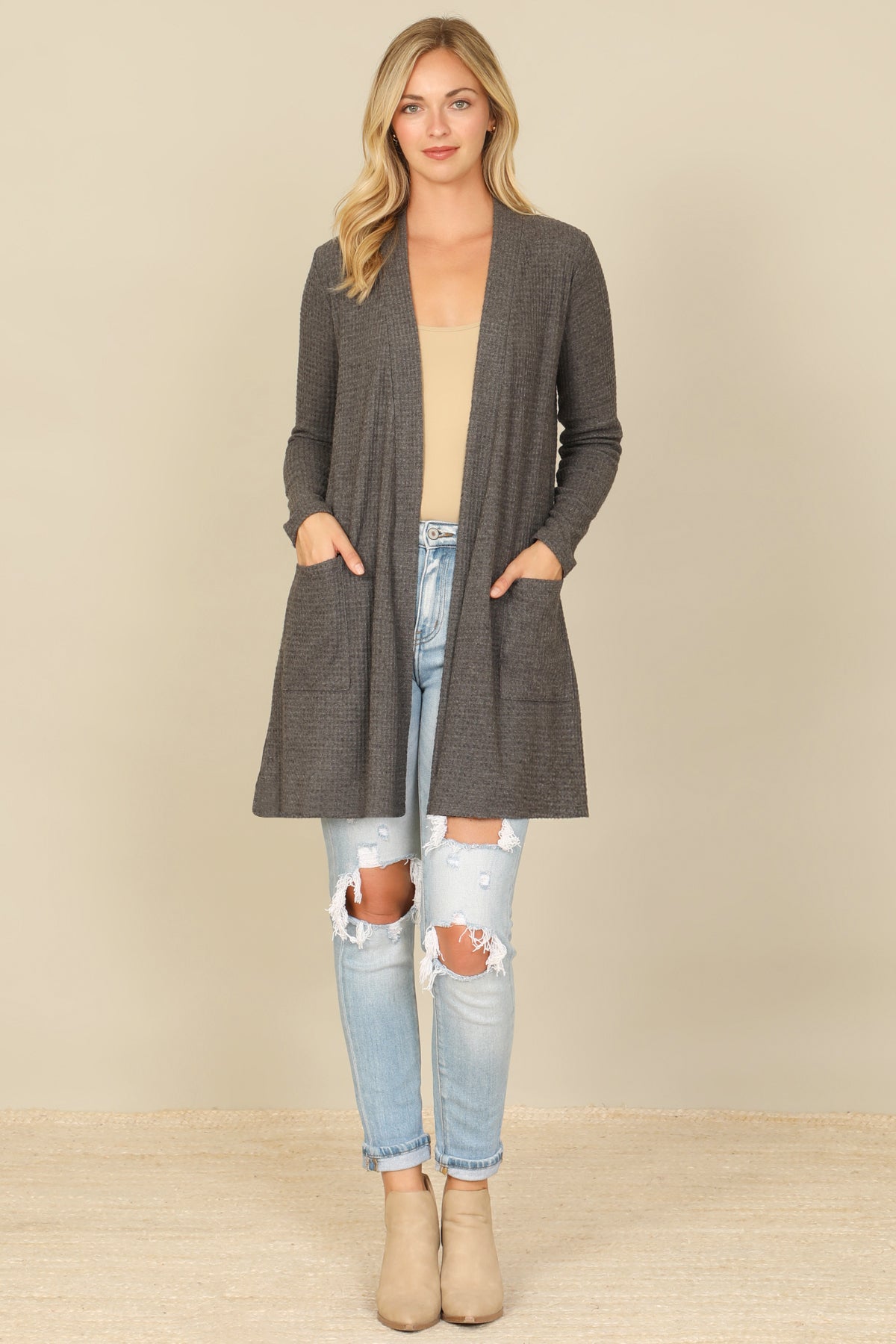 Brushed Waffle Long Sleeve Cardigan