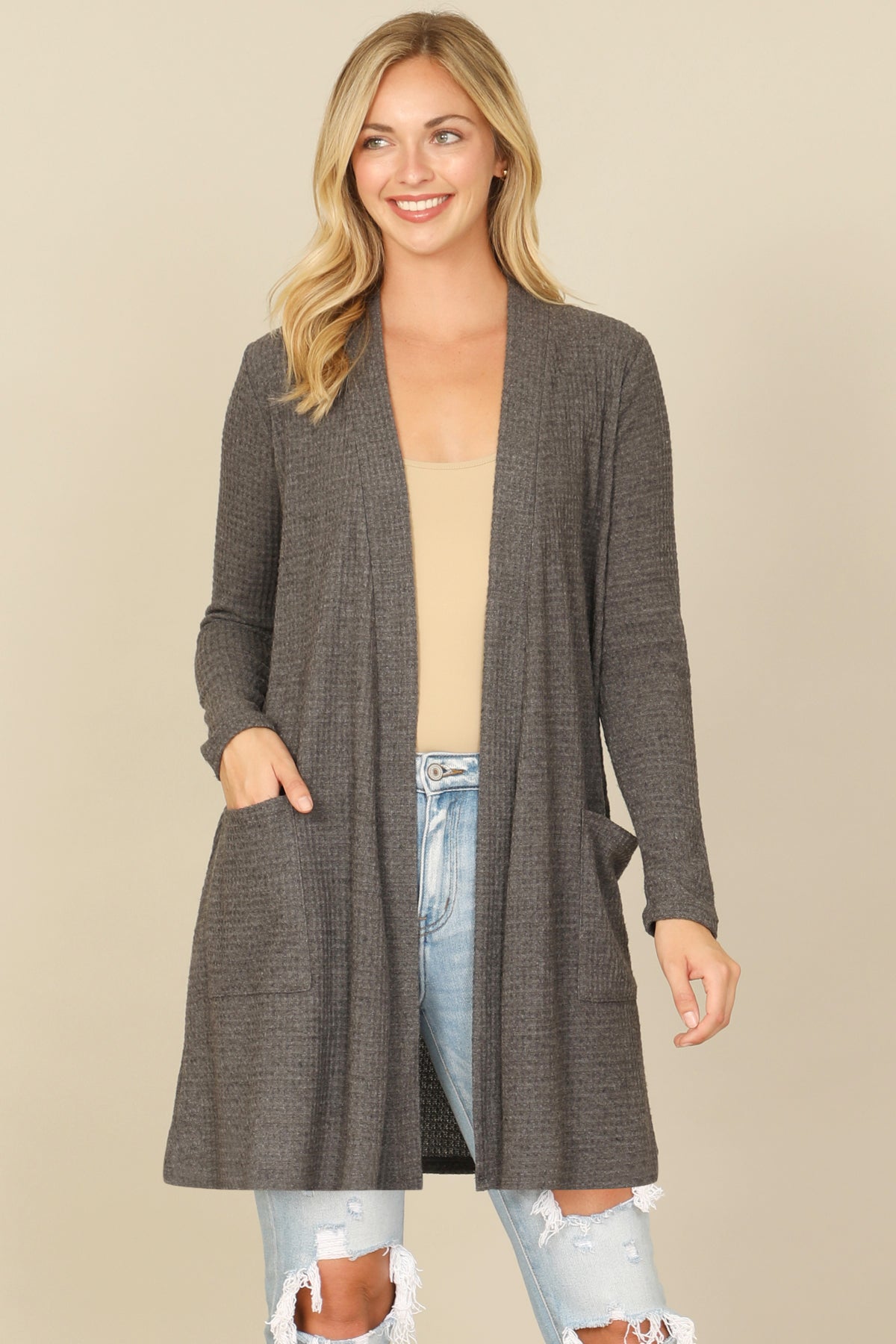Brushed Waffle Long Sleeve Cardigan