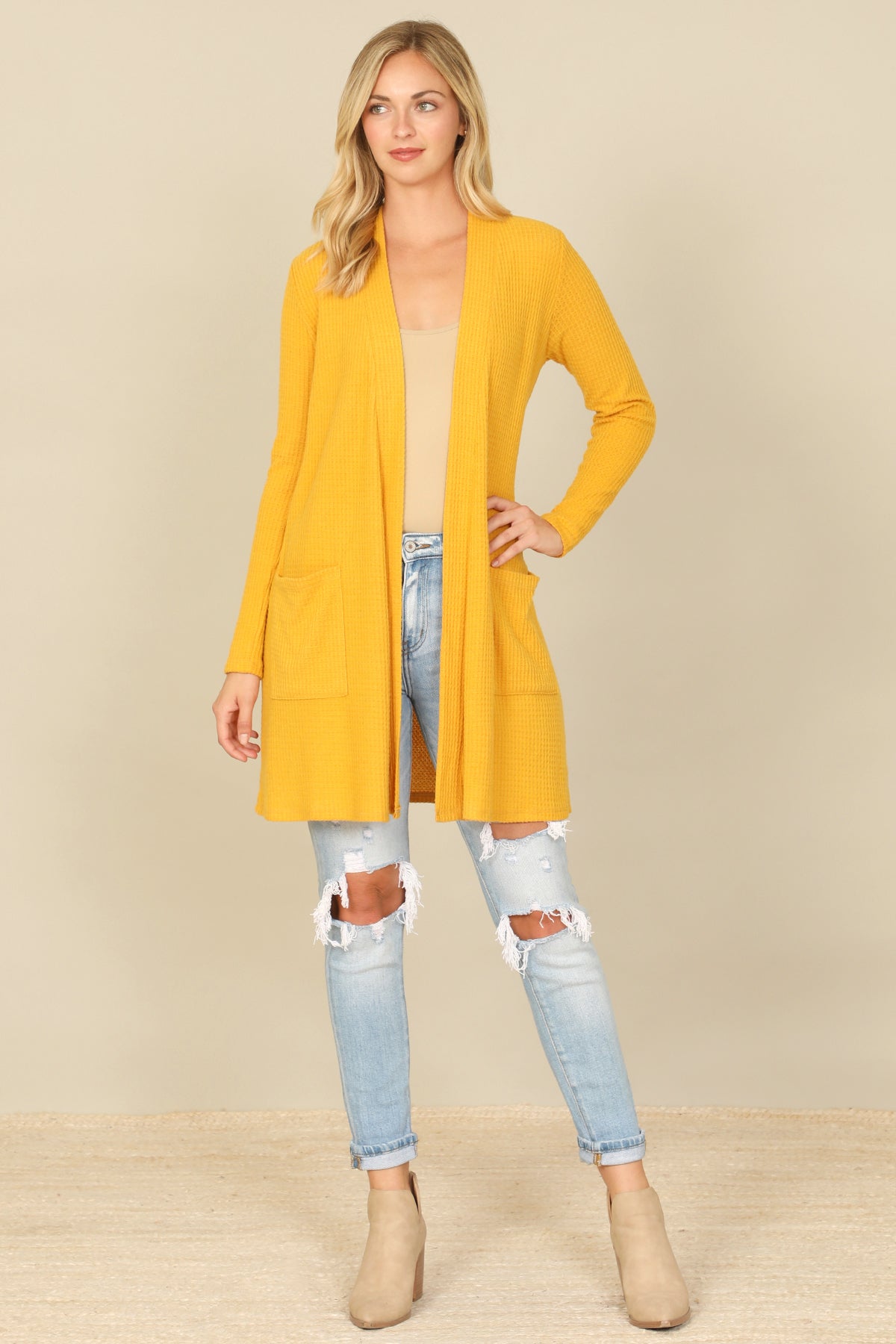 Brushed Waffle Long Sleeve Cardigan