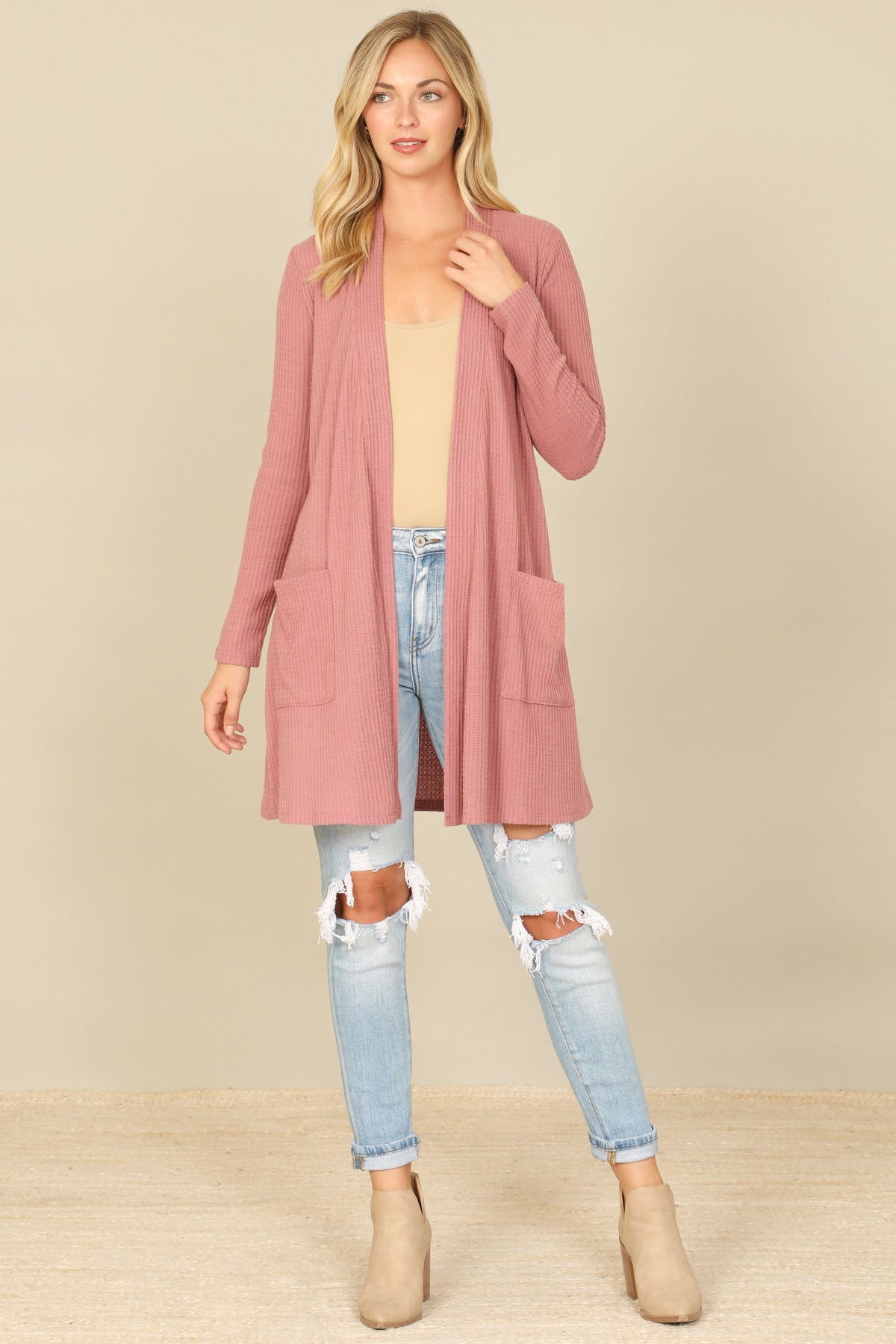 Brushed Waffle Long Sleeve Cardigan