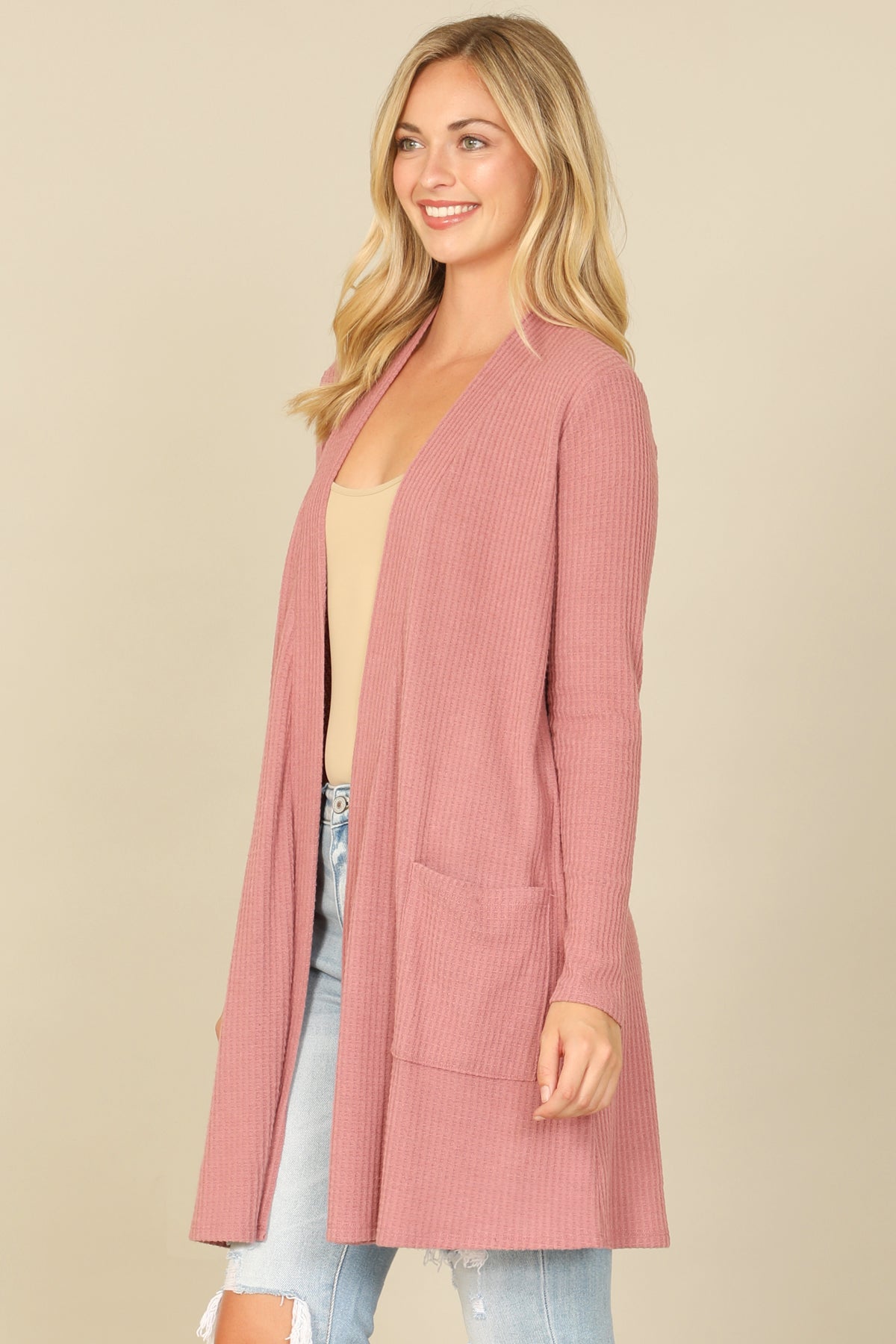 Brushed Waffle Long Sleeve Cardigan