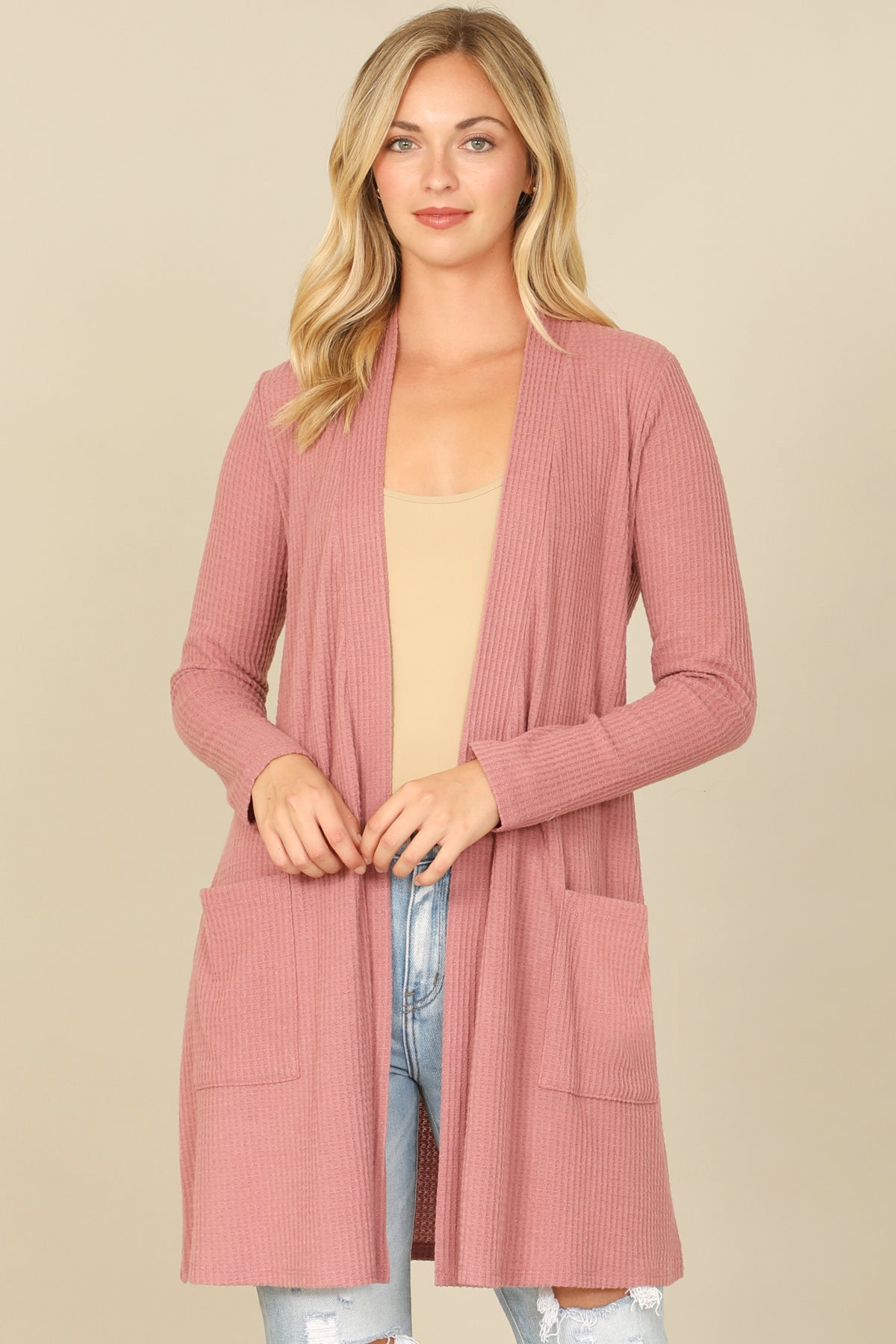 Brushed Waffle Long Sleeve Cardigan