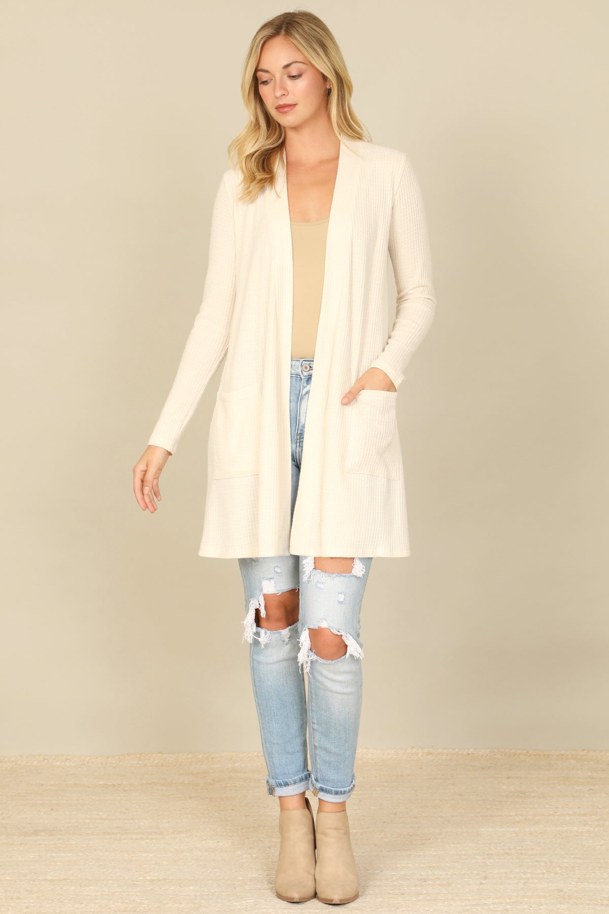 Brushed Waffle Long Sleeve Cardigan