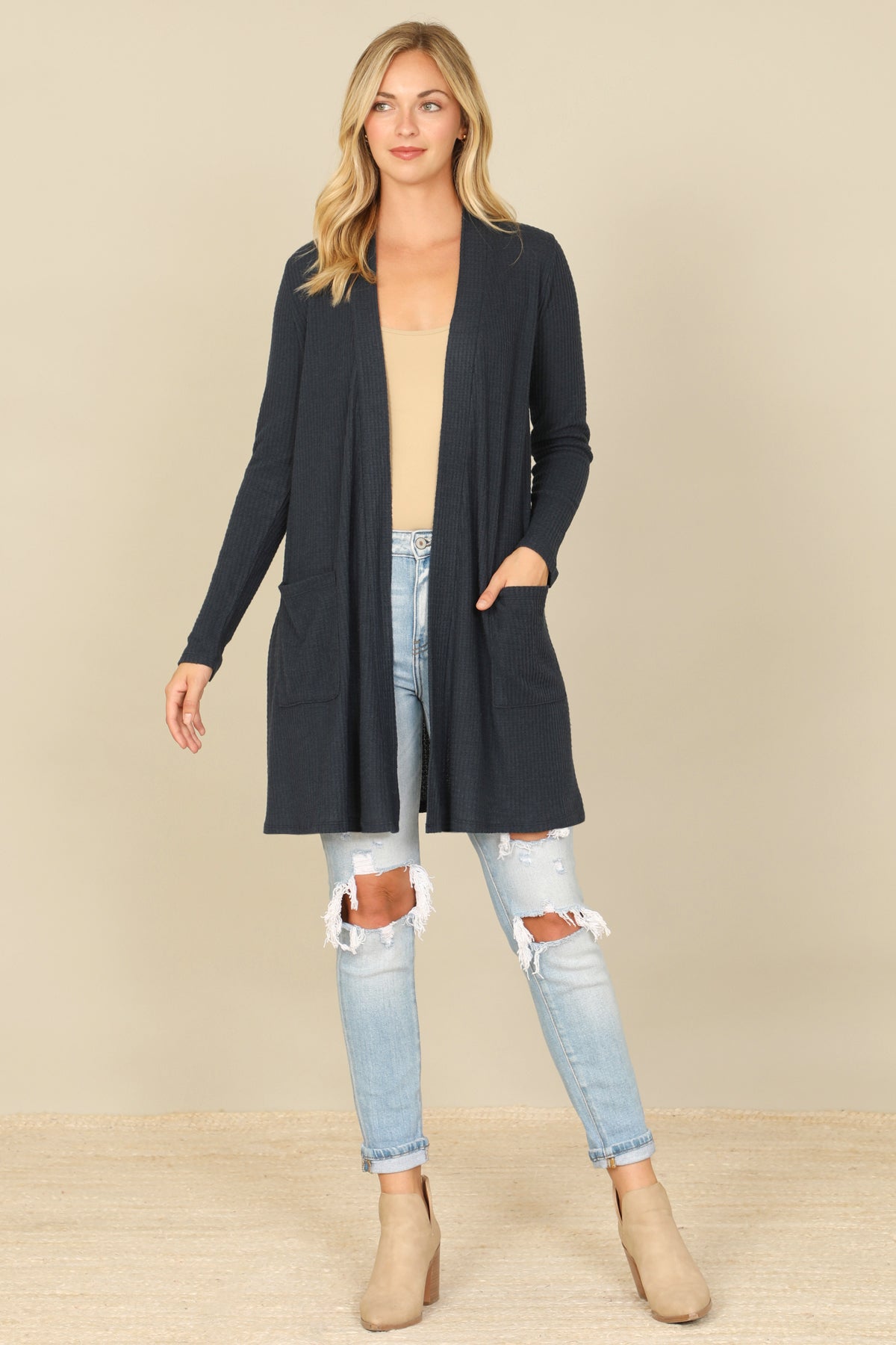 Brushed Waffle Long Sleeve Cardigan