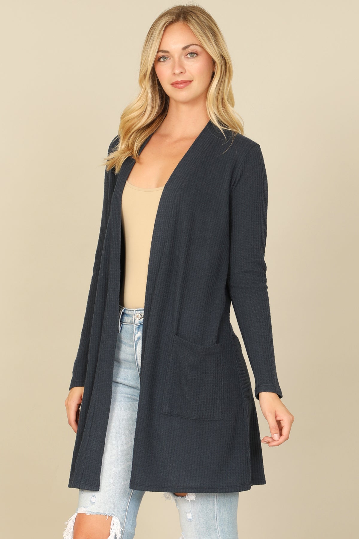 Brushed Waffle Long Sleeve Cardigan