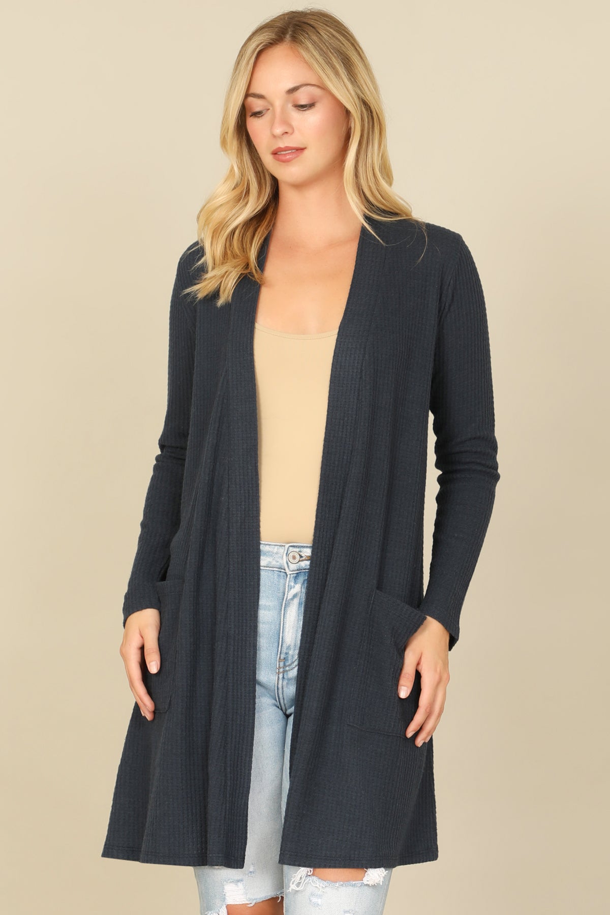 Brushed Waffle Long Sleeve Cardigan
