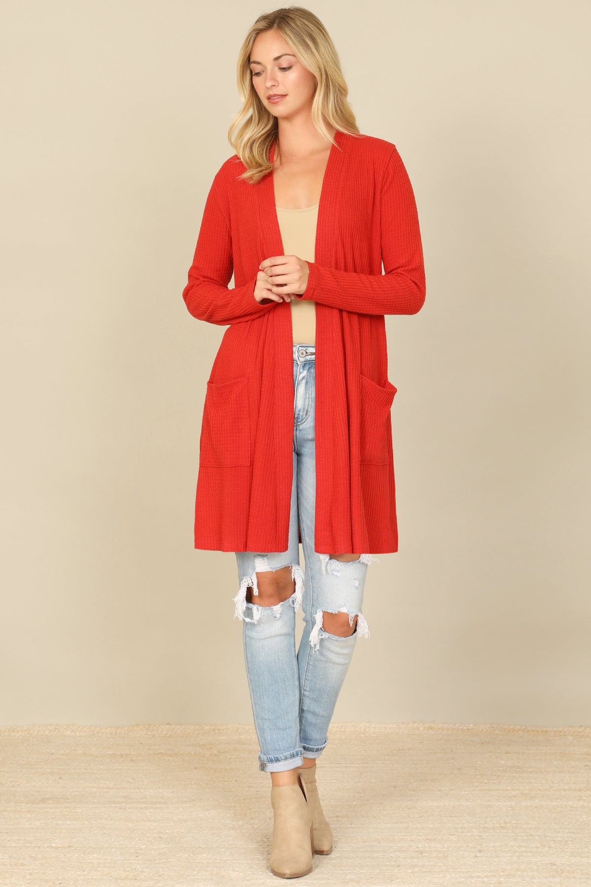 Brushed Waffle Long Sleeve Cardigan
