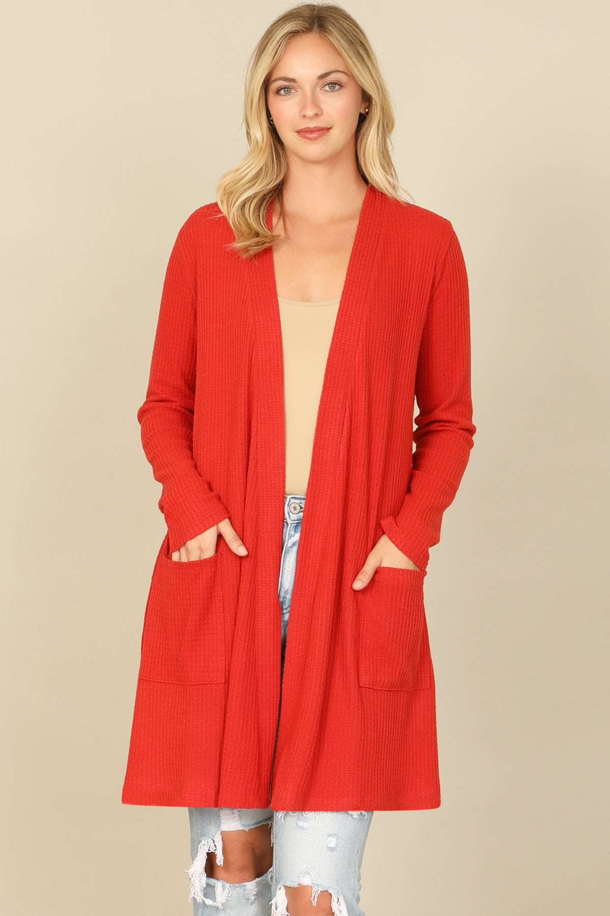 Brushed Waffle Long Sleeve Cardigan