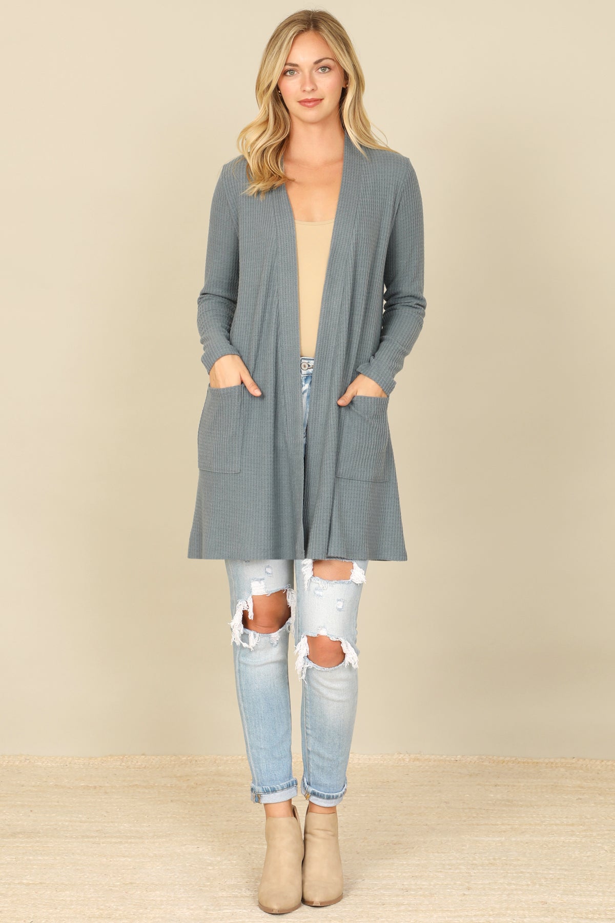 Brushed Waffle Long Sleeve Cardigan