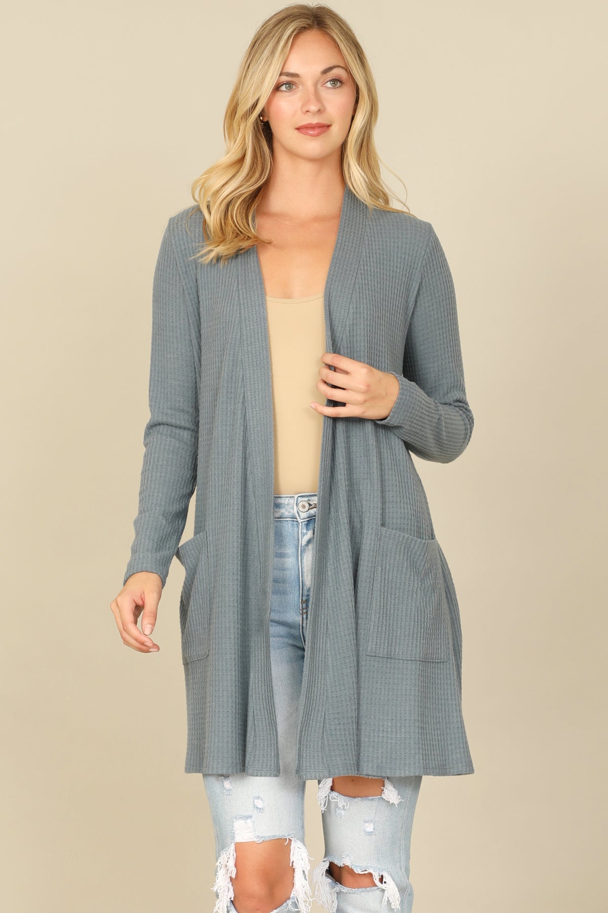 Brushed Waffle Long Sleeve Cardigan