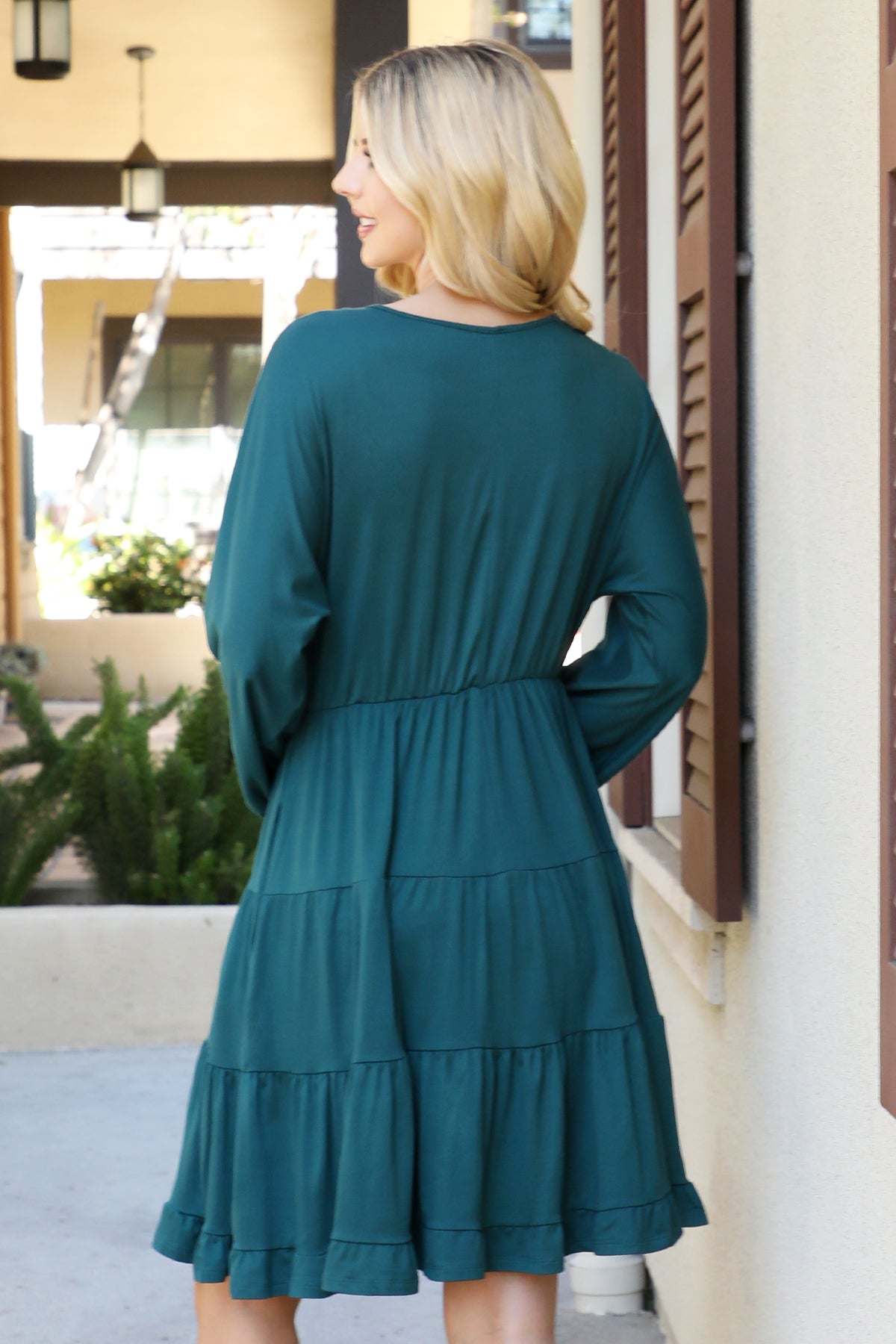 Solid Long Sleeve Tiered Ruffle Dress