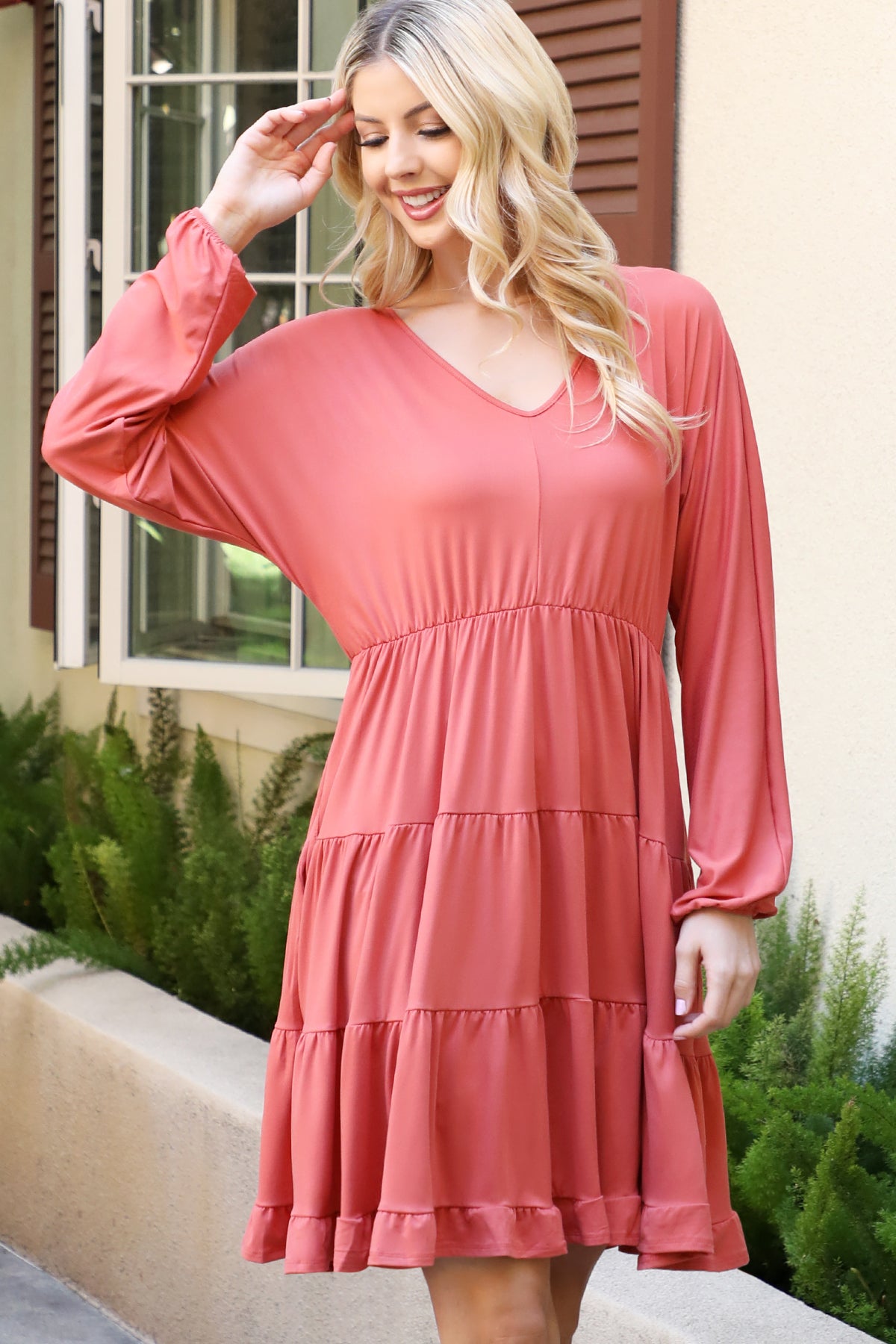 Solid Long Sleeve Tiered Ruffle Dress
