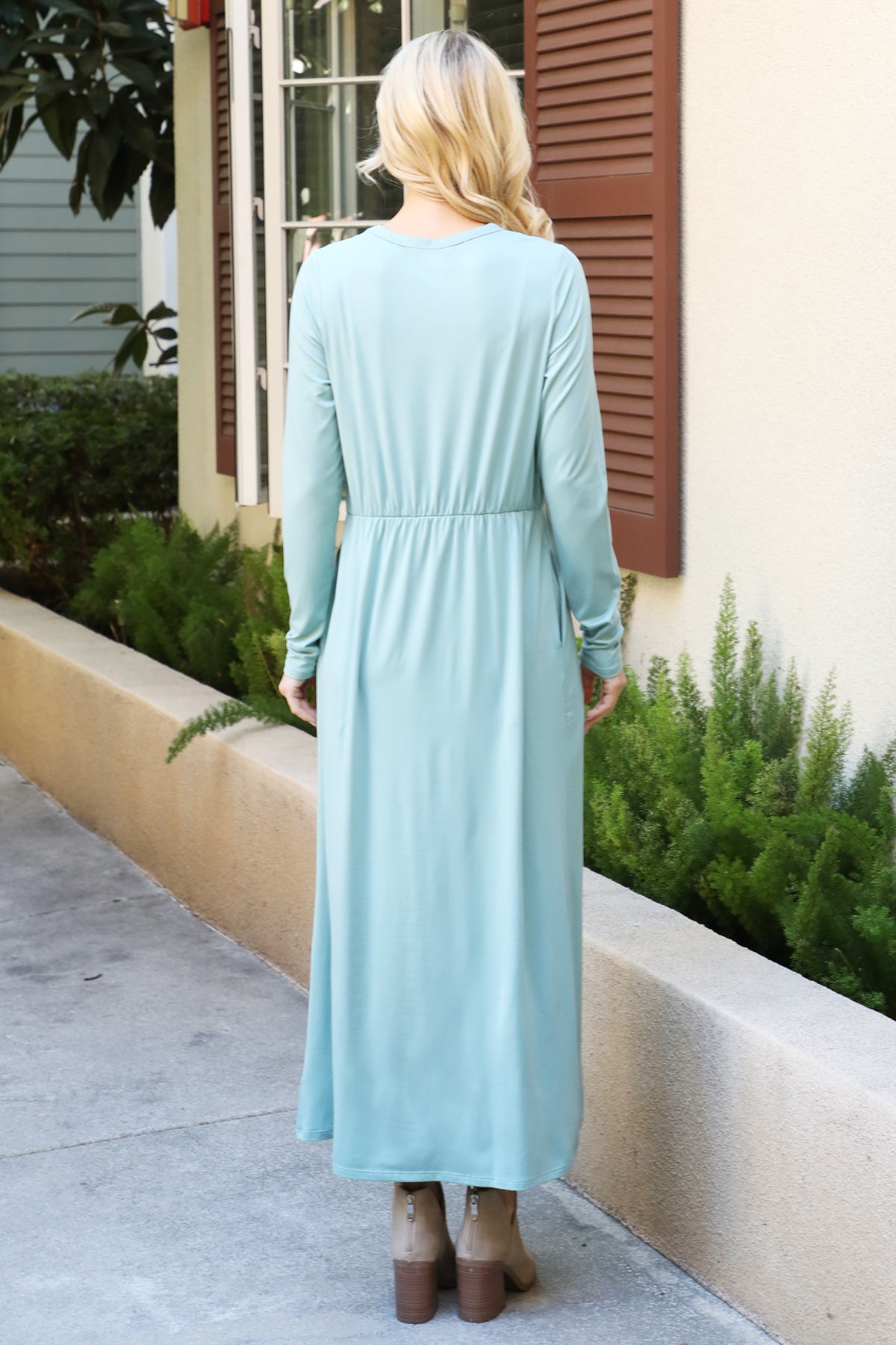 Solid Long Sleeve Elastic Waist Dress