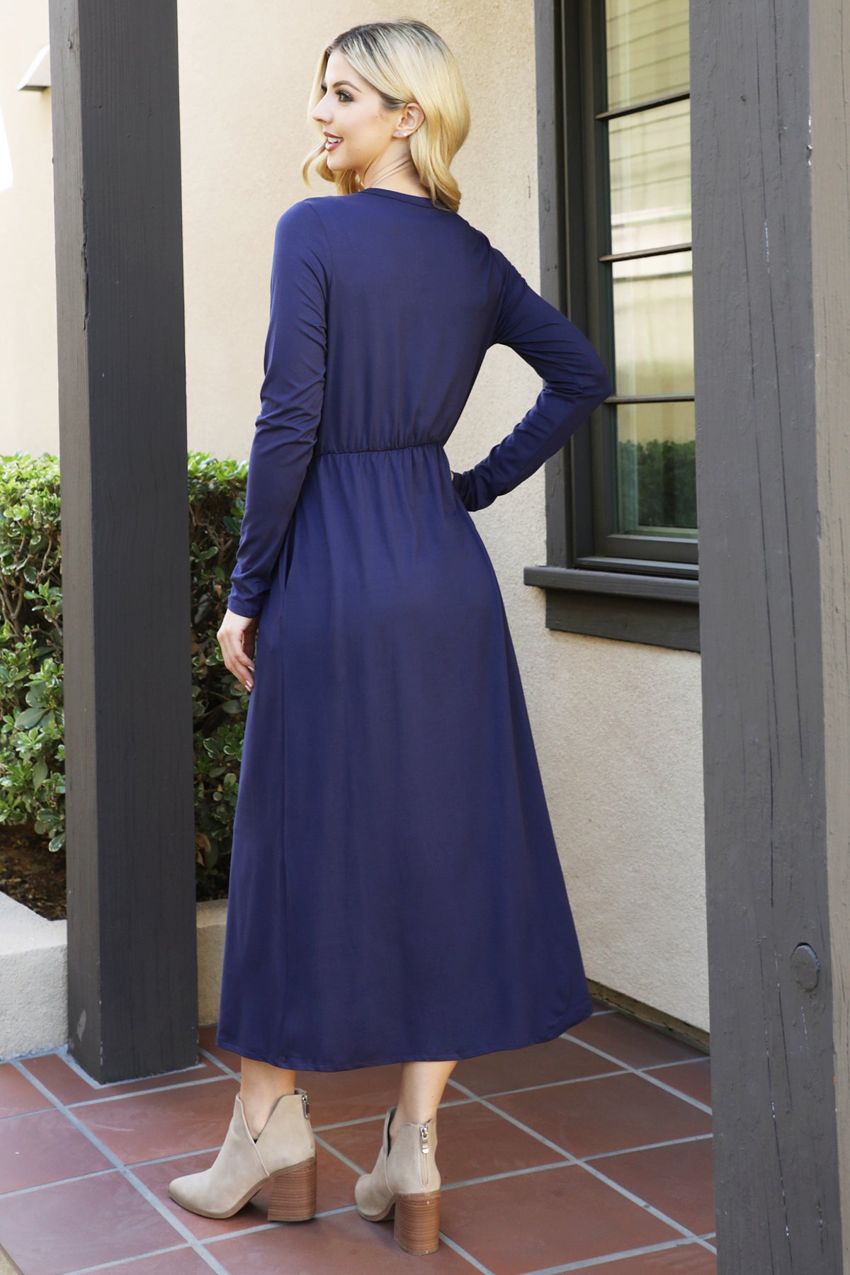 Solid Long Sleeve Elastic Waist Dress