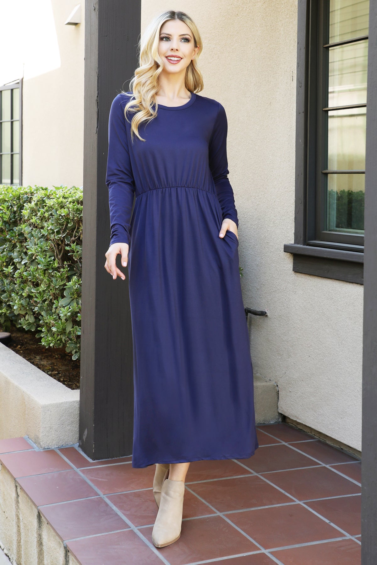 Solid Long Sleeve Elastic Waist Dress