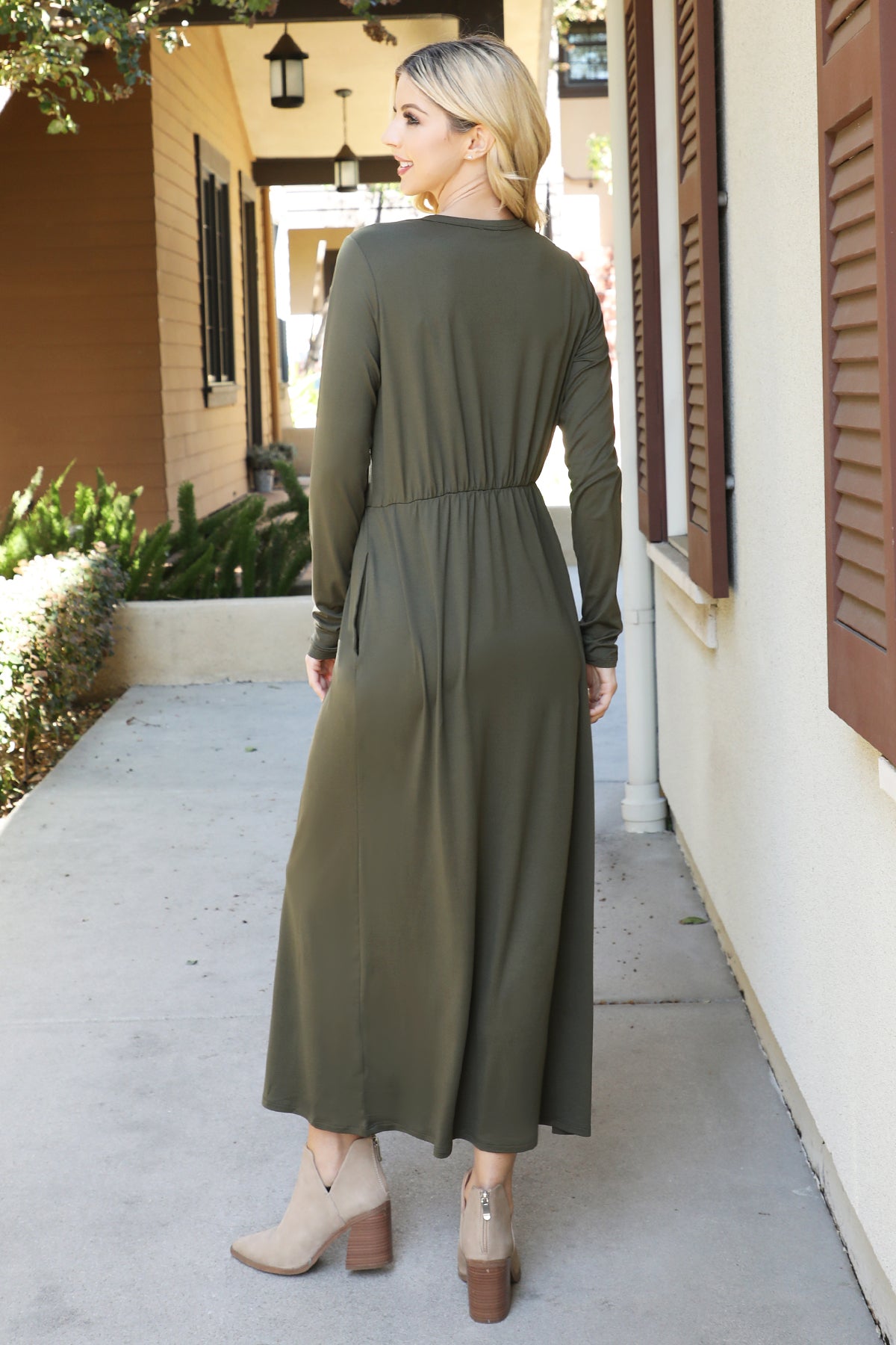 Solid Long Sleeve Elastic Waist Dress