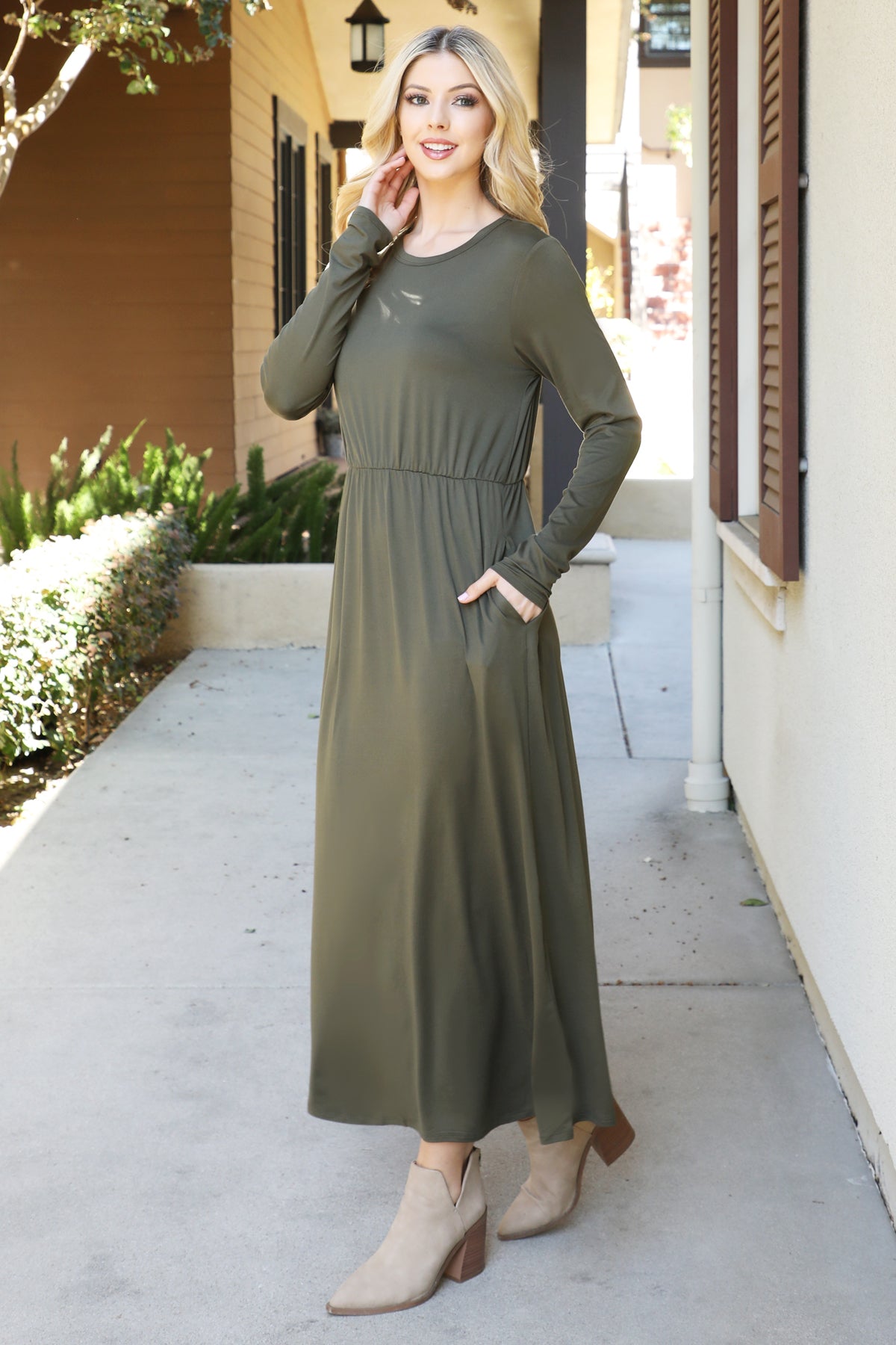 Solid Long Sleeve Elastic Waist Dress