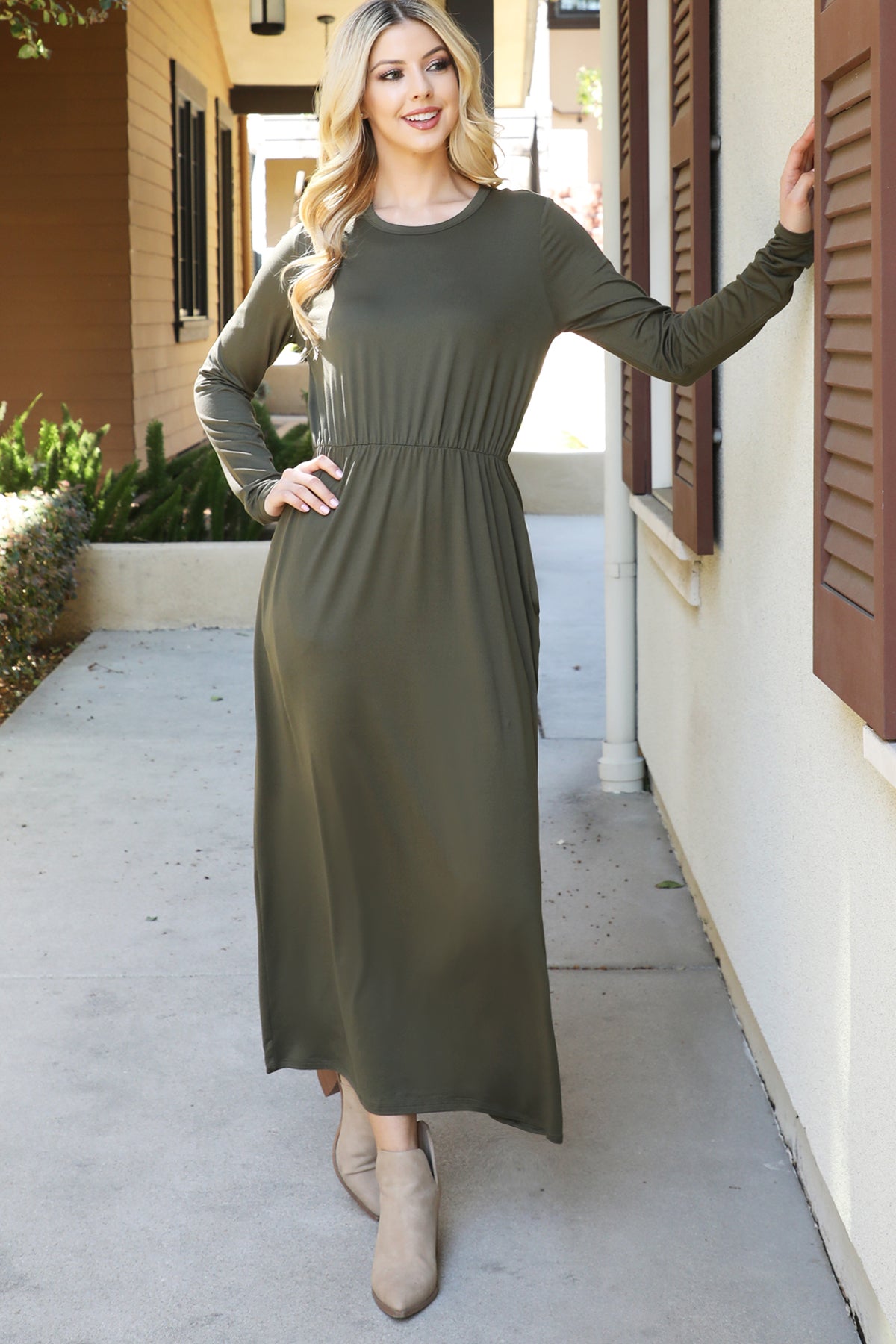 Solid Long Sleeve Elastic Waist Dress