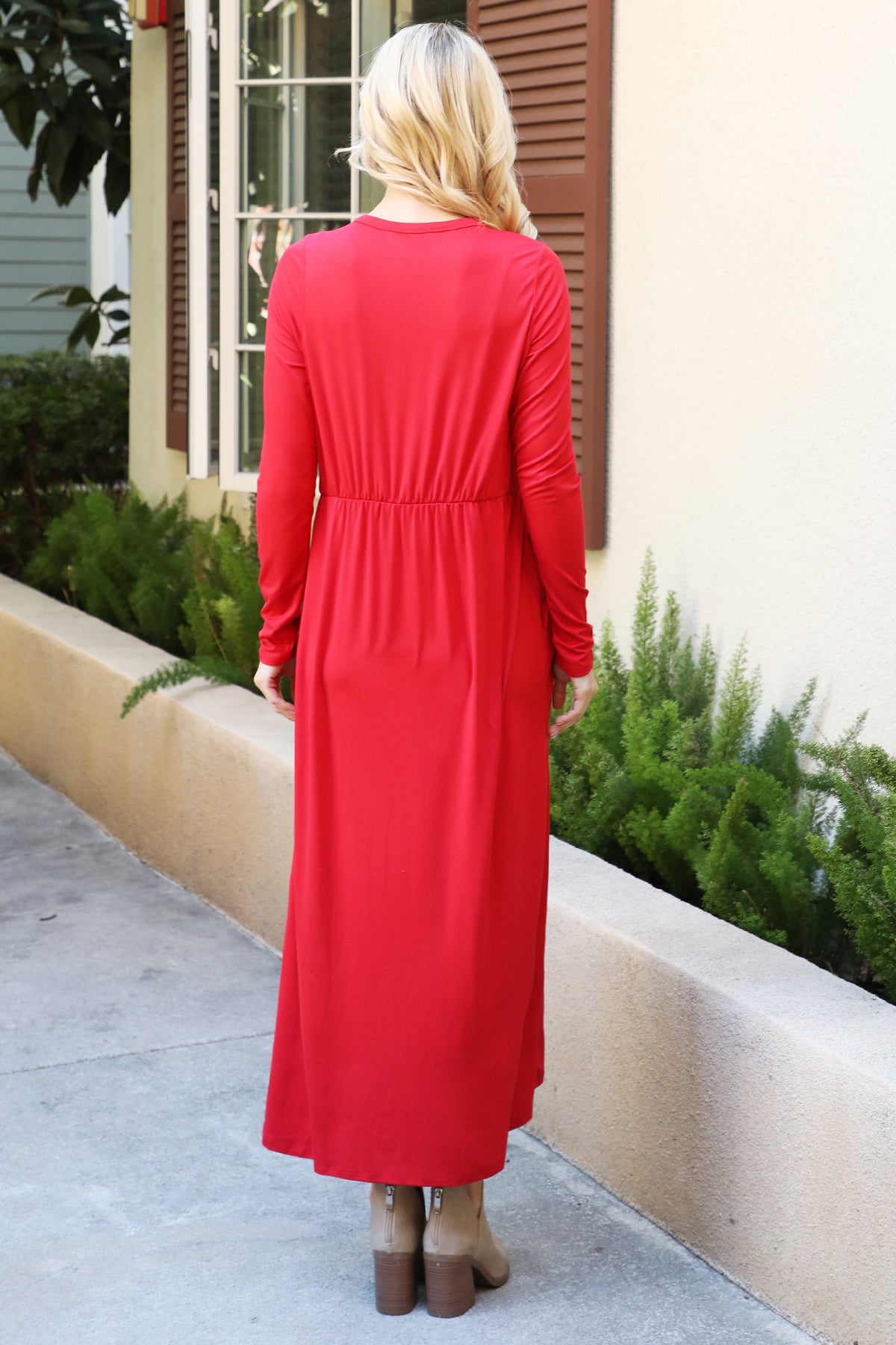 Solid Long Sleeve Elastic Waist Dress