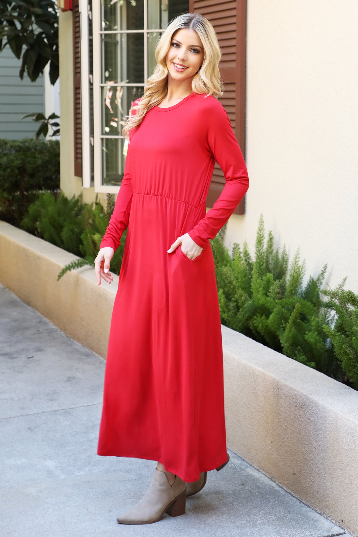 Solid Long Sleeve Elastic Waist Dress