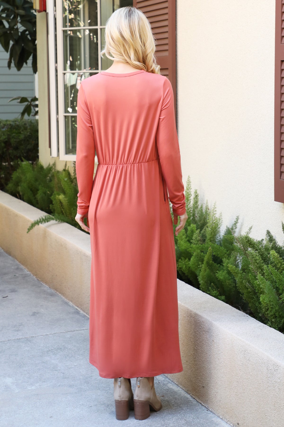 Solid Long Sleeve Elastic Waist Dress