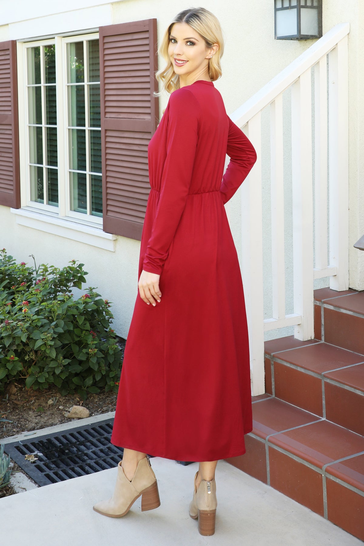 Solid Long Sleeve Elastic Waist Dress