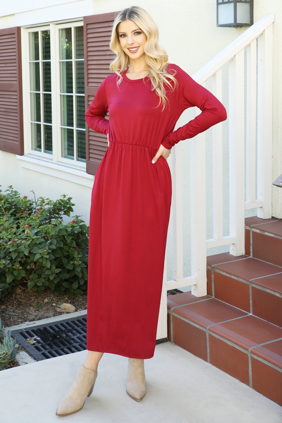 Solid Long Sleeve Elastic Waist Dress