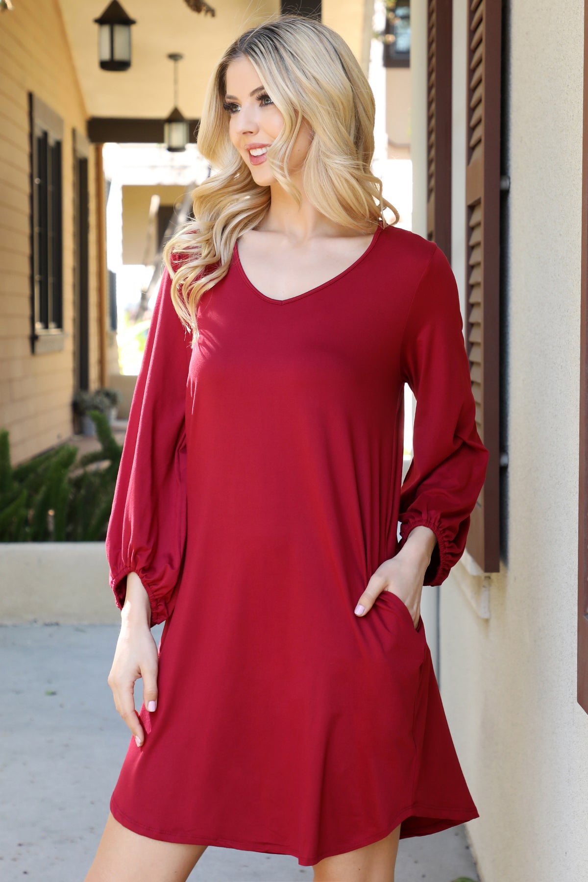 Solid V-Neck Tunnel Long Sleeve Dress