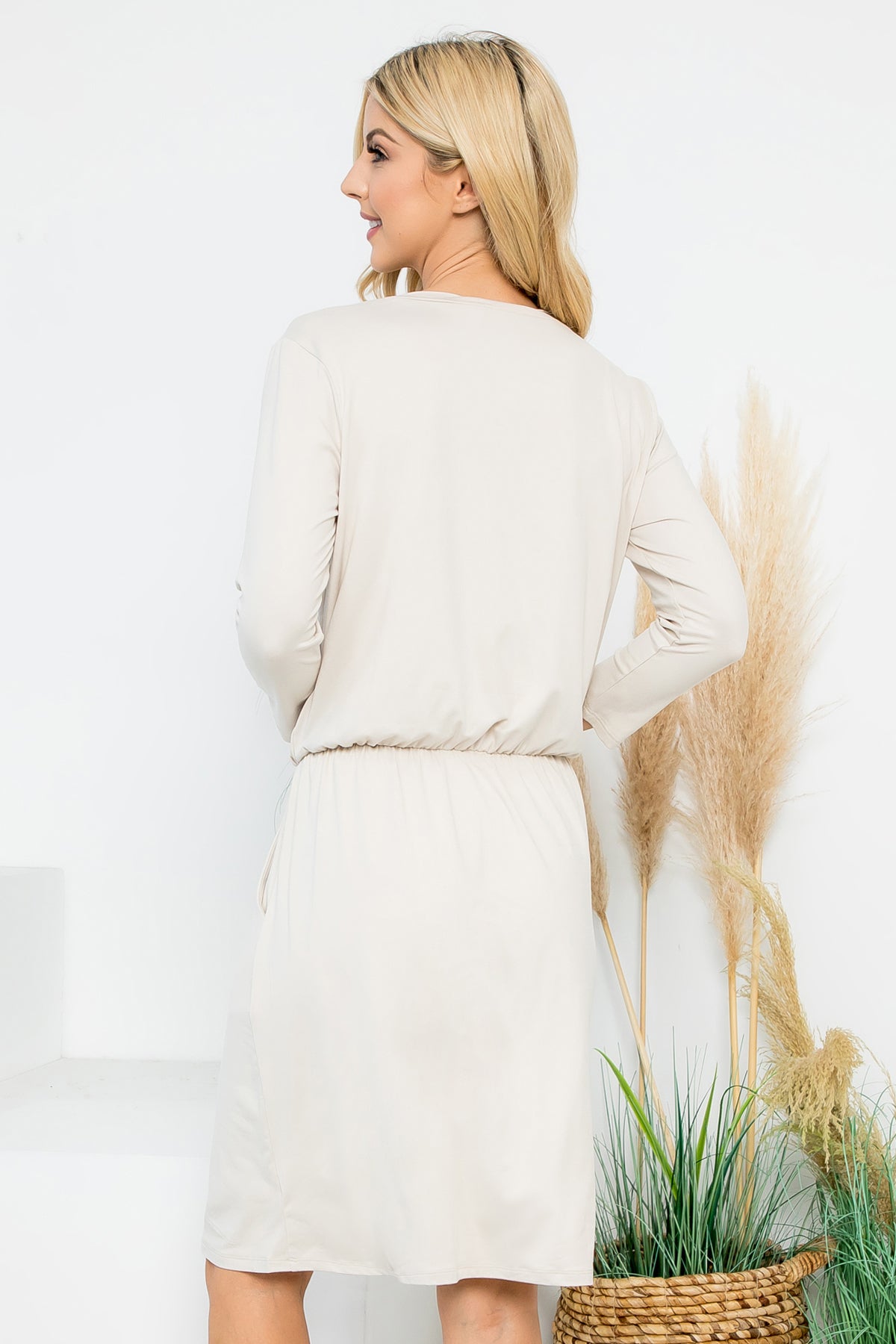 Solid Long Sleeve Cinched Waist Dress