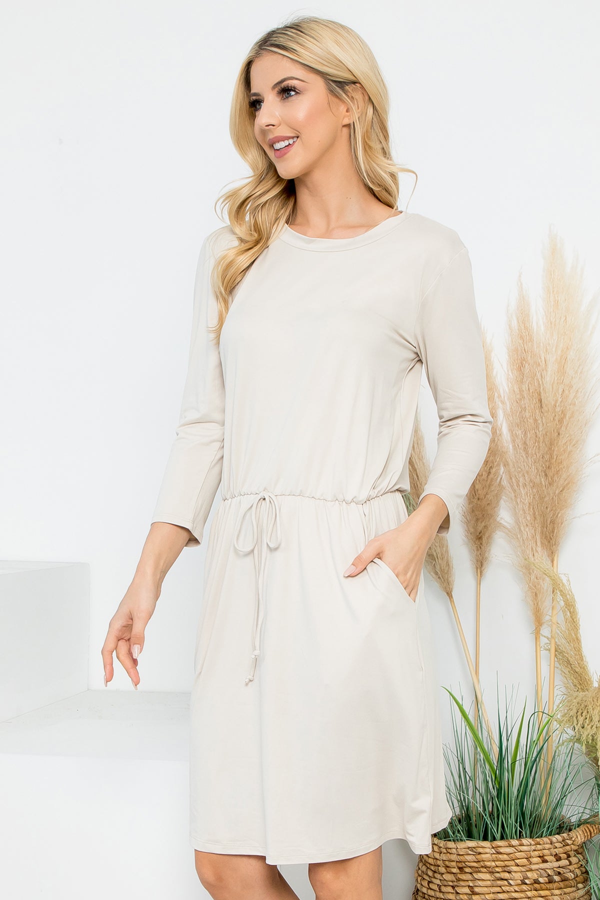 Solid Long Sleeve Cinched Waist Dress