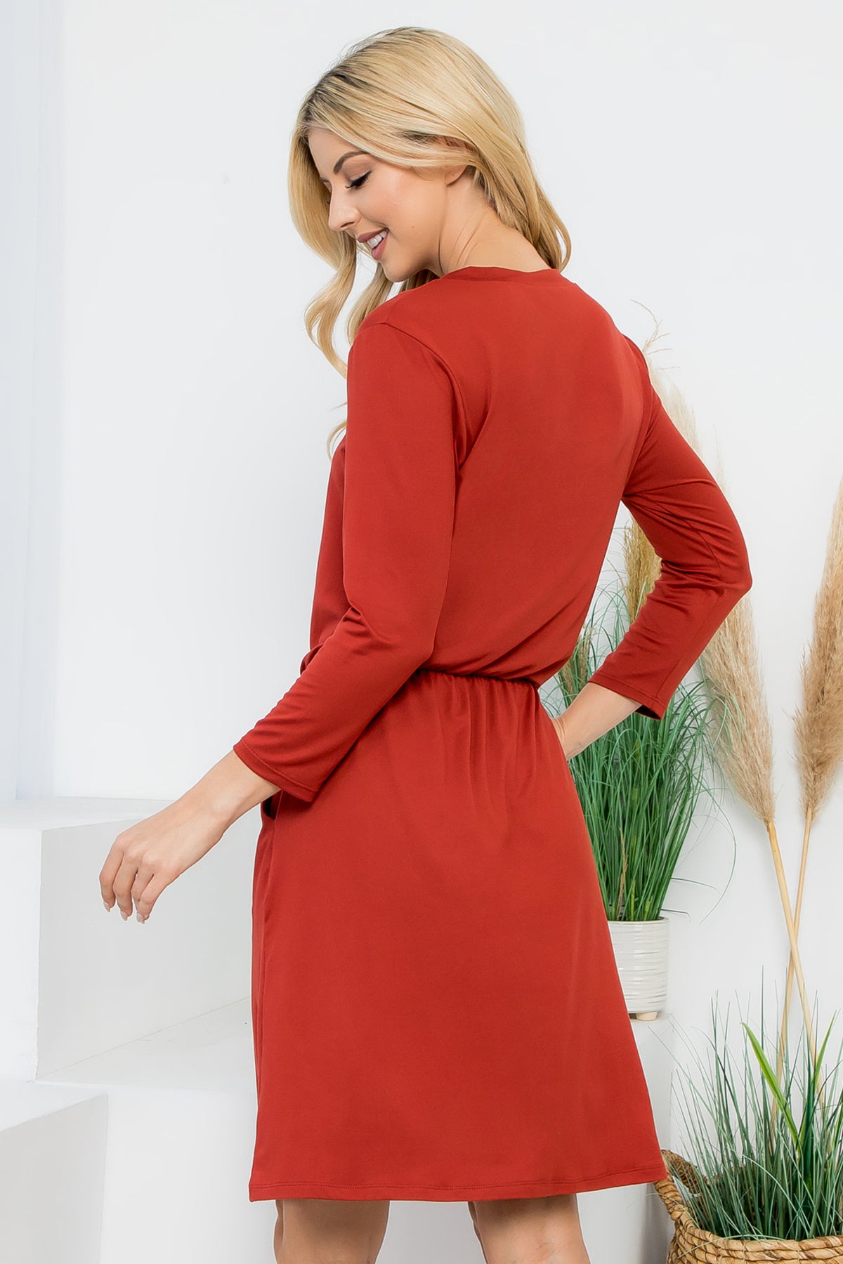 Solid Long Sleeve Cinched Waist Dress