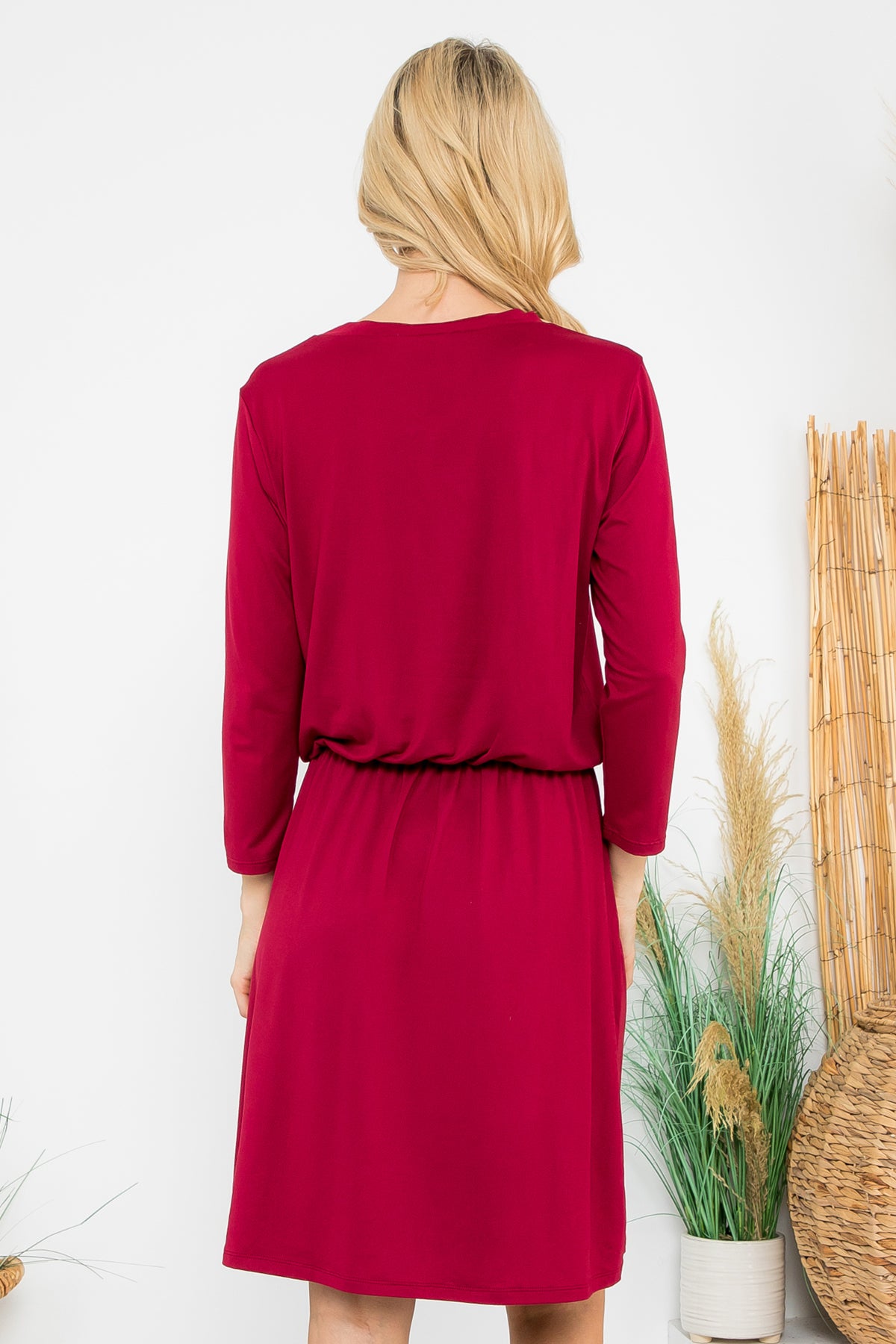 Solid Long Sleeve Cinched Waist Dress