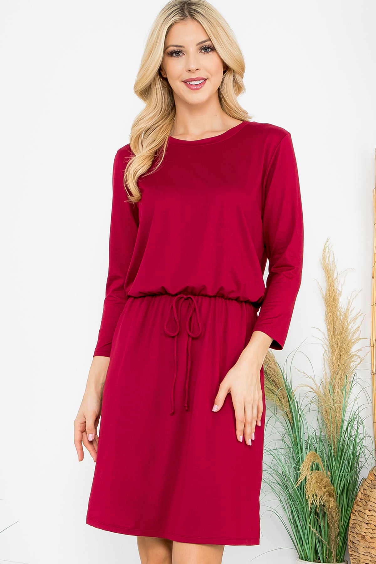 Solid Long Sleeve Cinched Waist Dress
