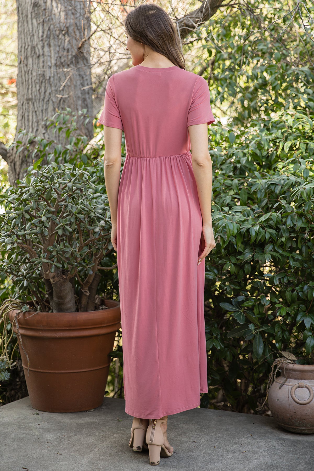 Solid Short Sleeve Empire Waist Maxi Dress