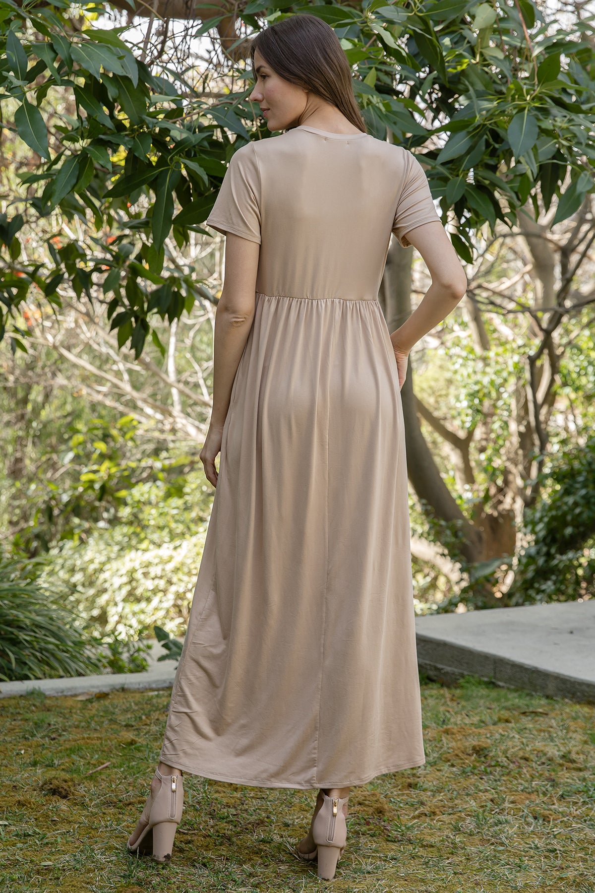 Solid Short Sleeve Empire Waist Maxi Dress