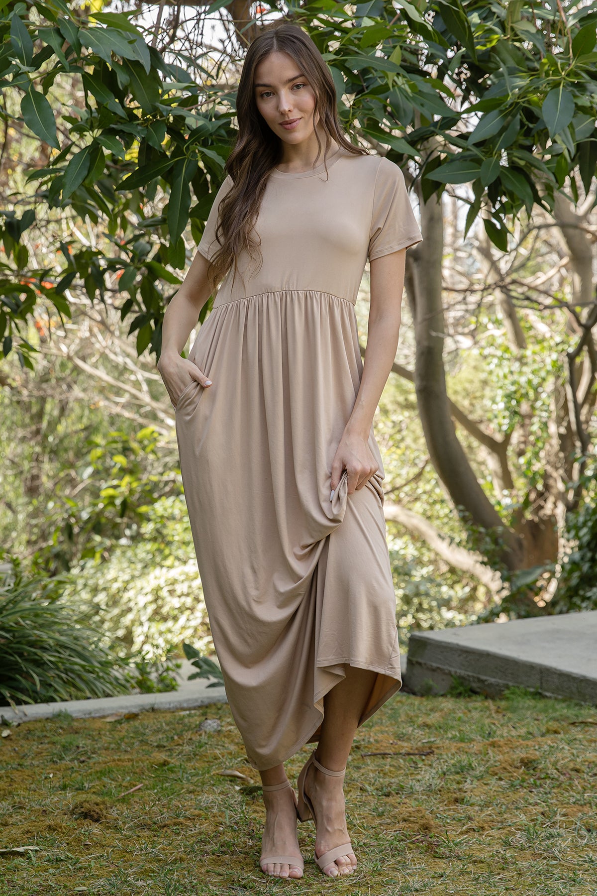 Solid Short Sleeve Empire Waist Maxi Dress