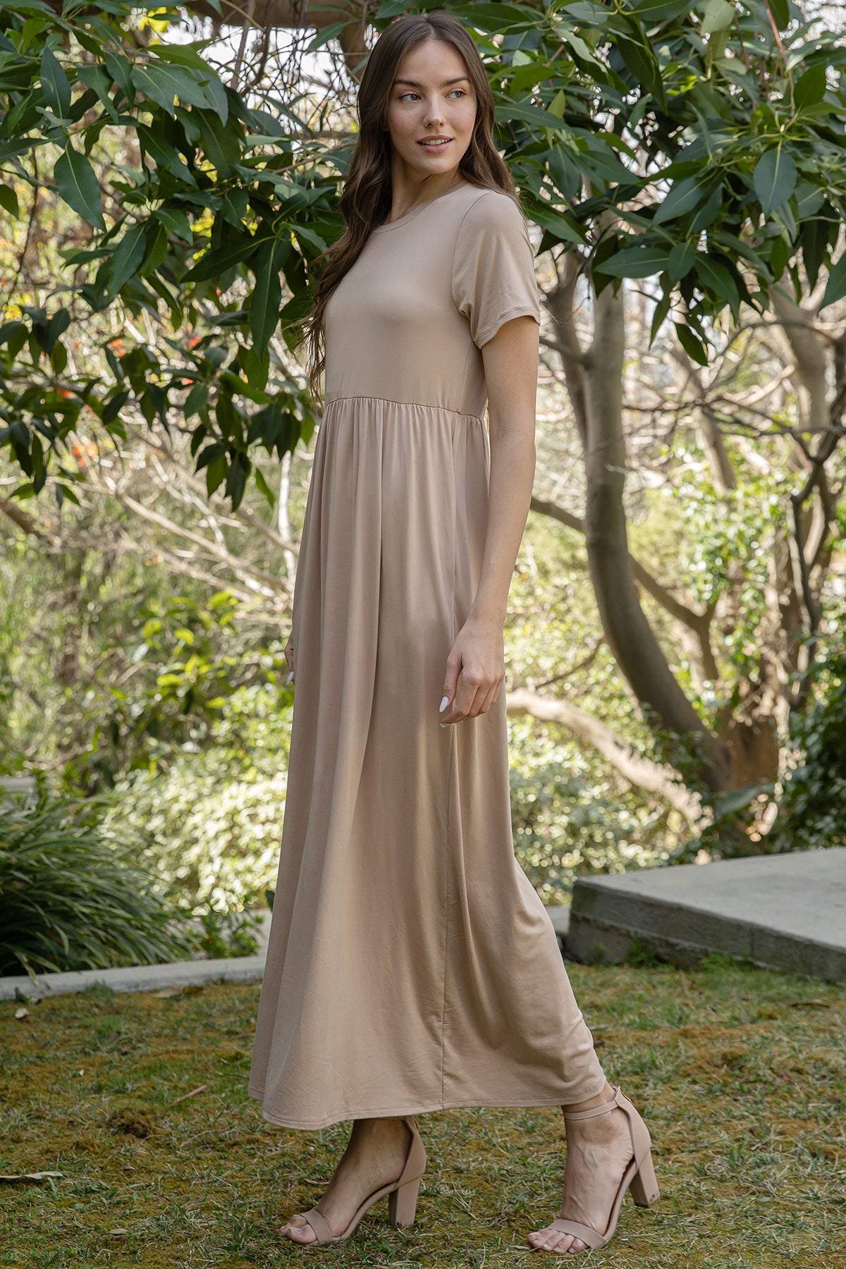 Solid Short Sleeve Empire Waist Maxi Dress