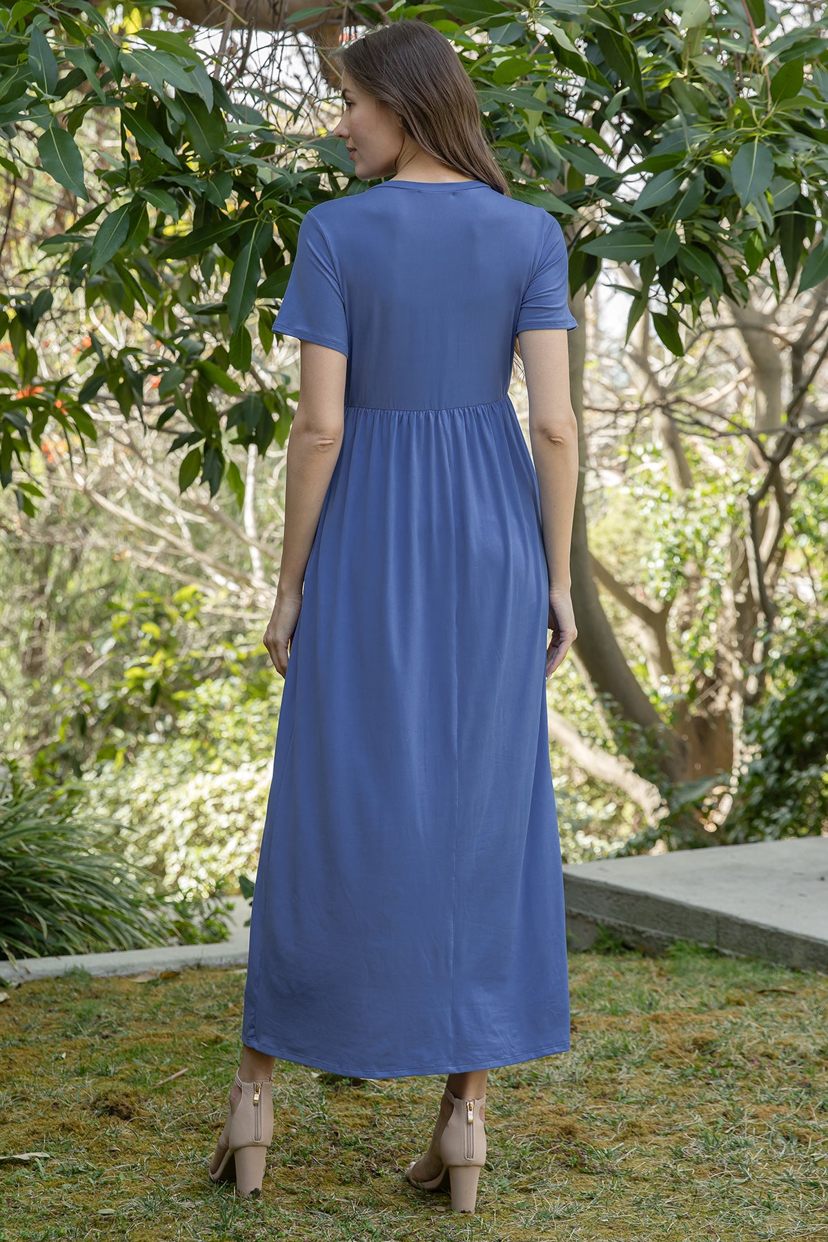 Solid Short Sleeve Empire Waist Maxi Dress