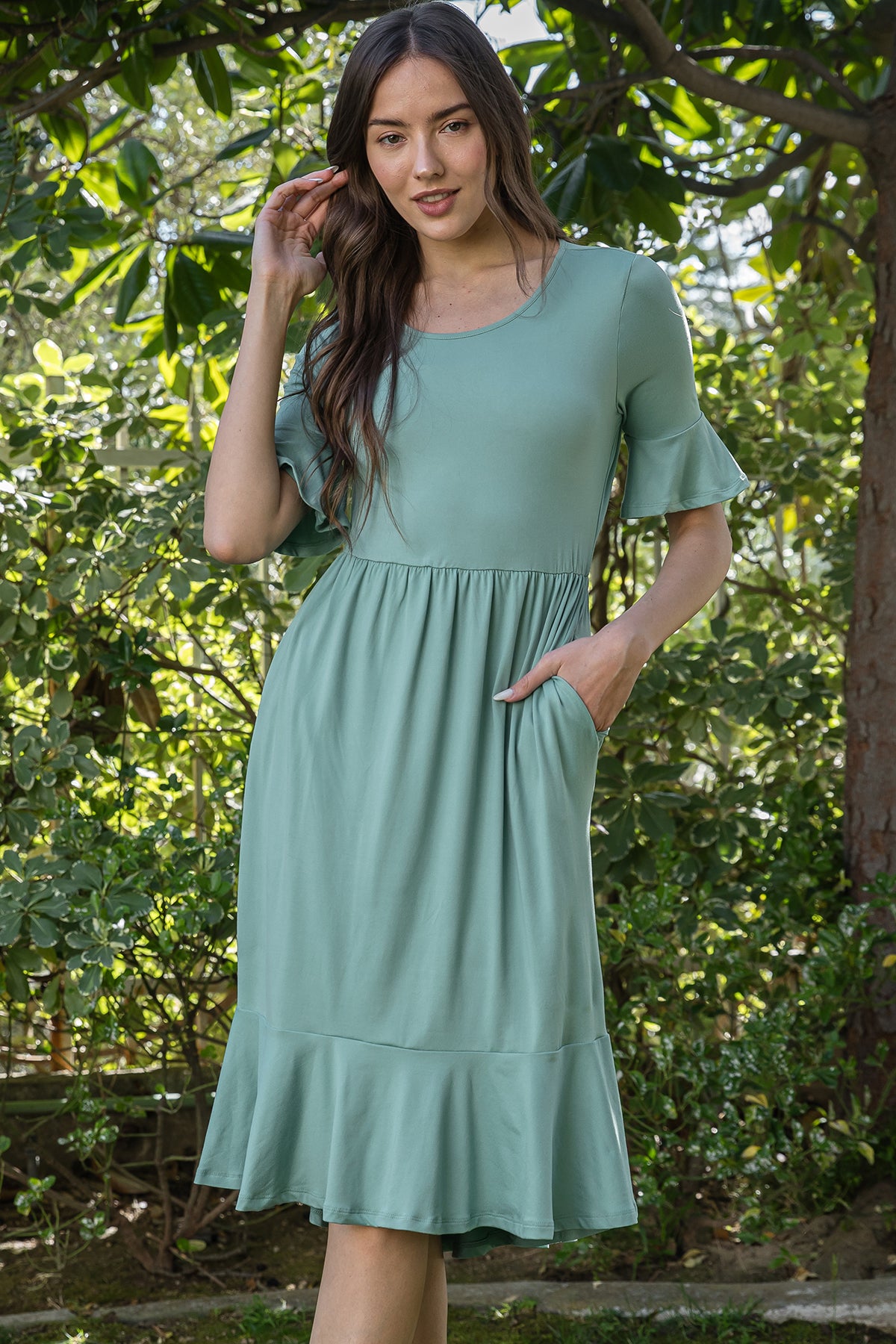 Solid Ruffle Sleeve Tiered Midi Dress
