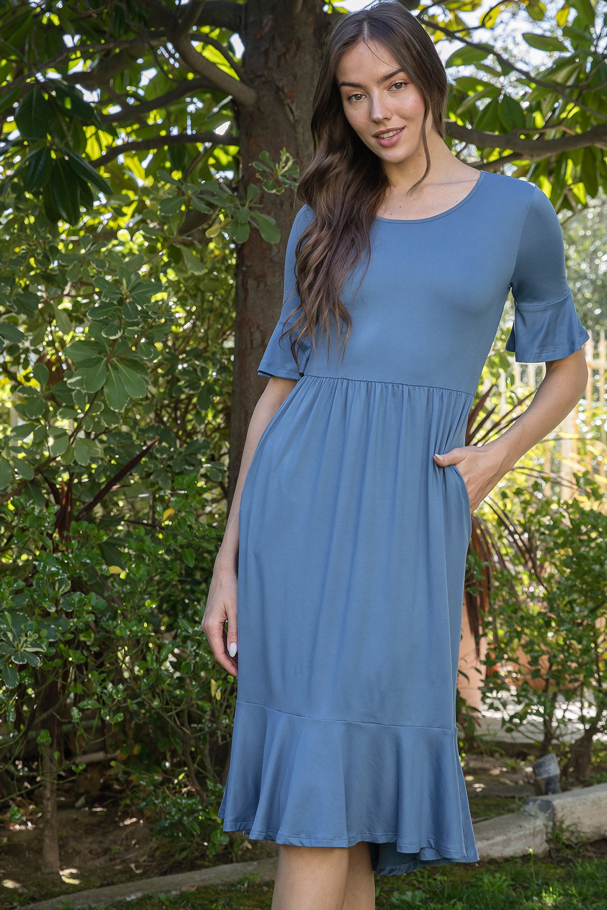 Solid Ruffle Sleeve Tiered Midi Dress