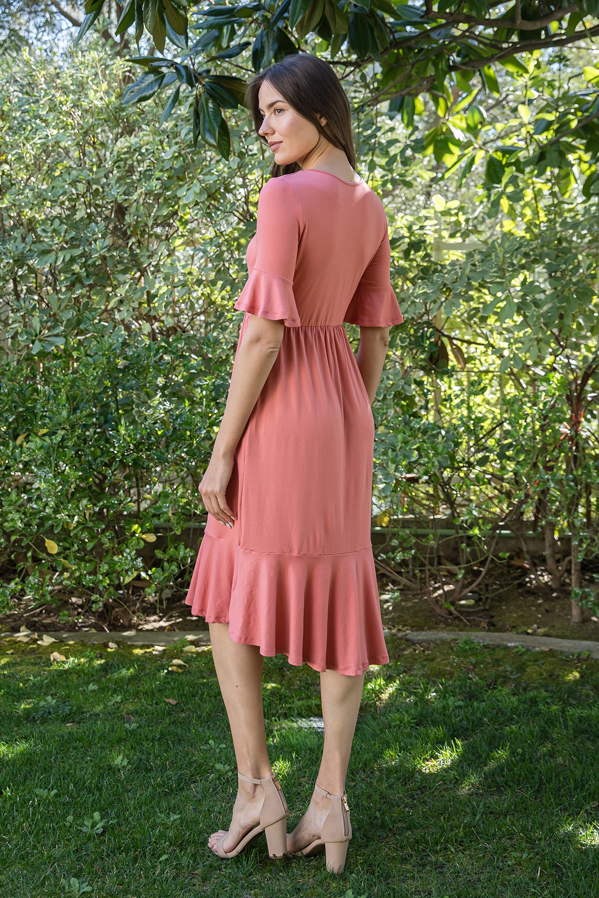 Solid Ruffle Sleeve Tiered Midi Dress