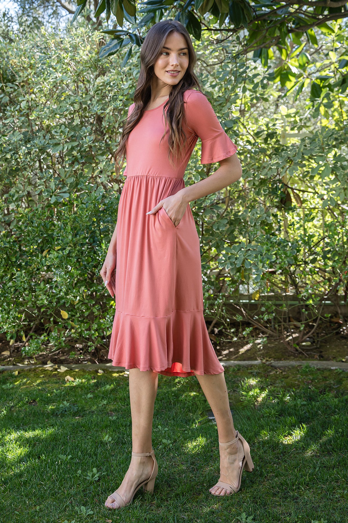 Solid Ruffle Sleeve Tiered Midi Dress