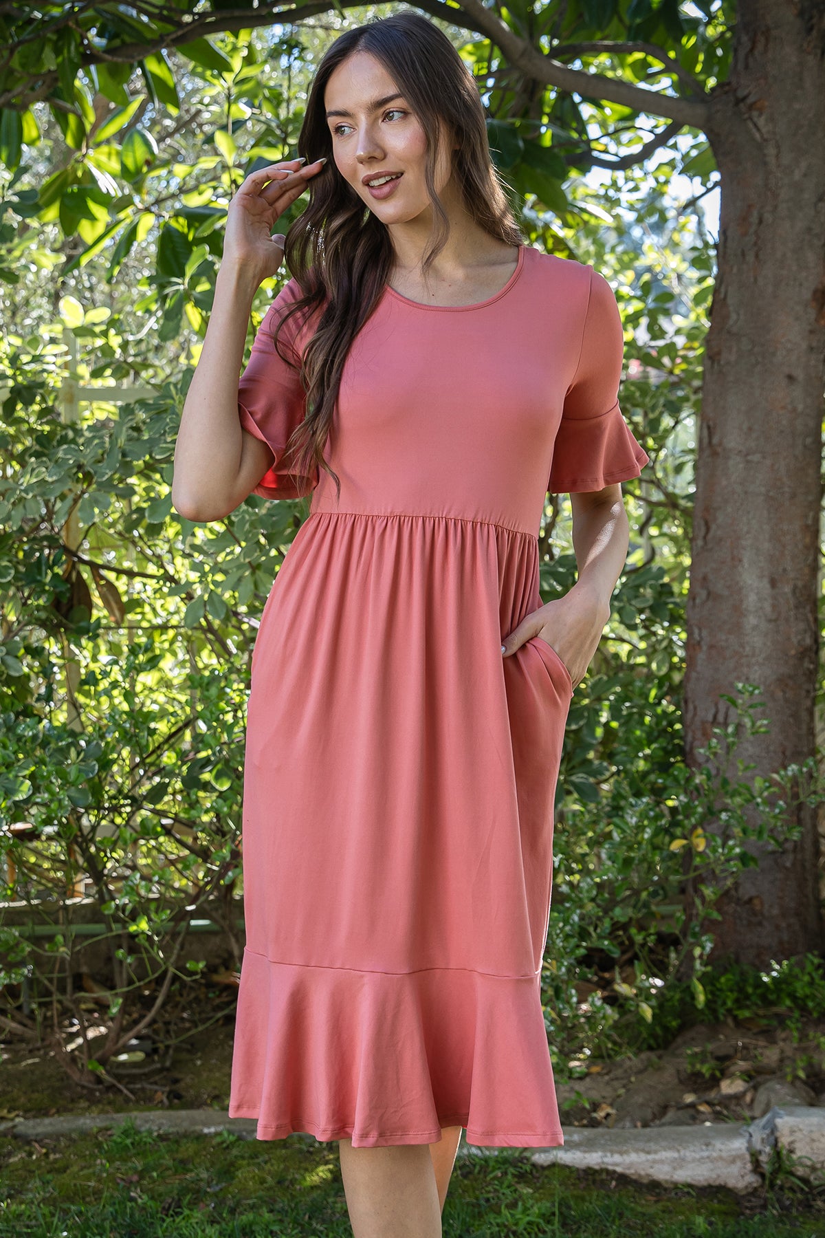 Solid Ruffle Sleeve Tiered Midi Dress