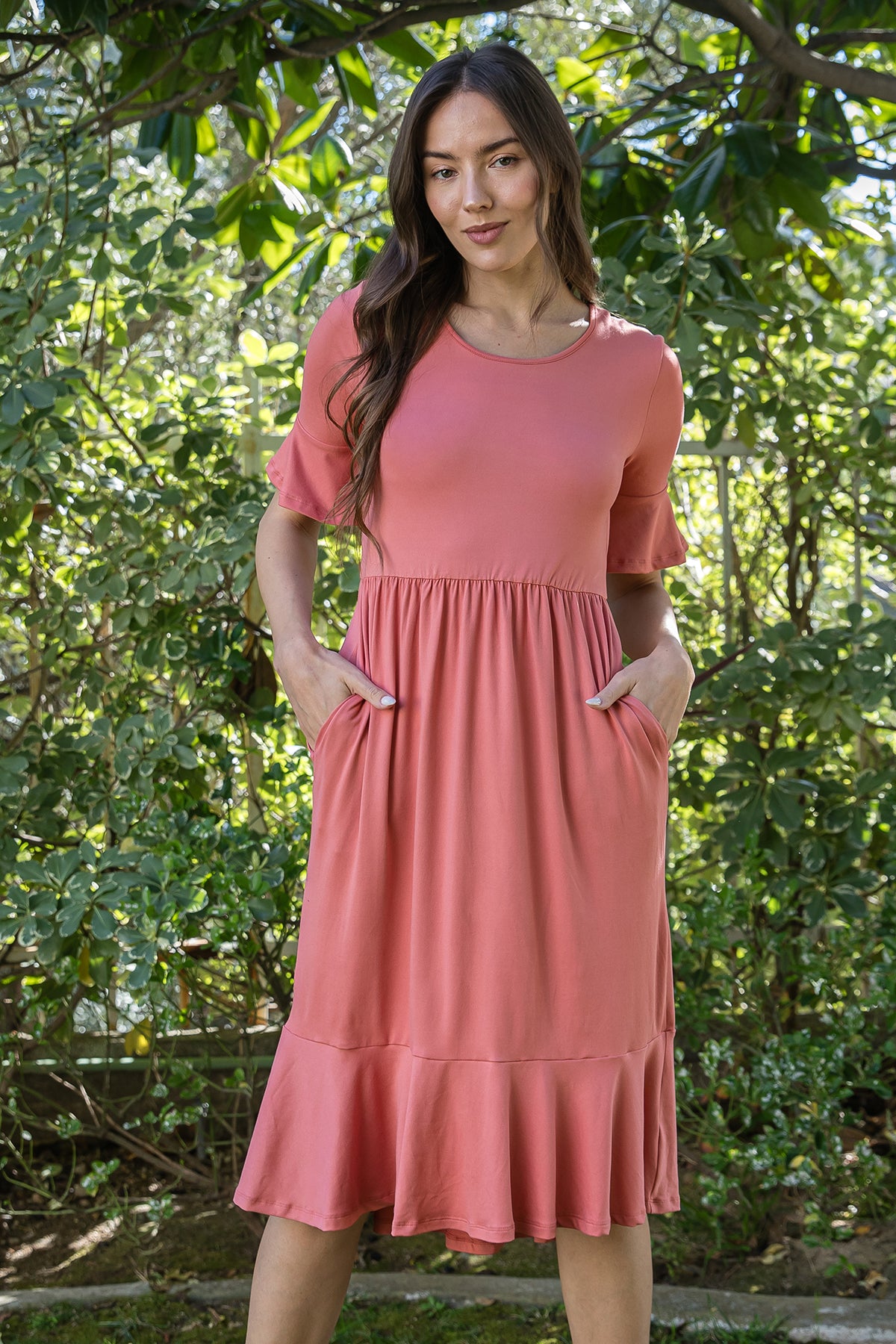 Solid Ruffle Sleeve Tiered Midi Dress