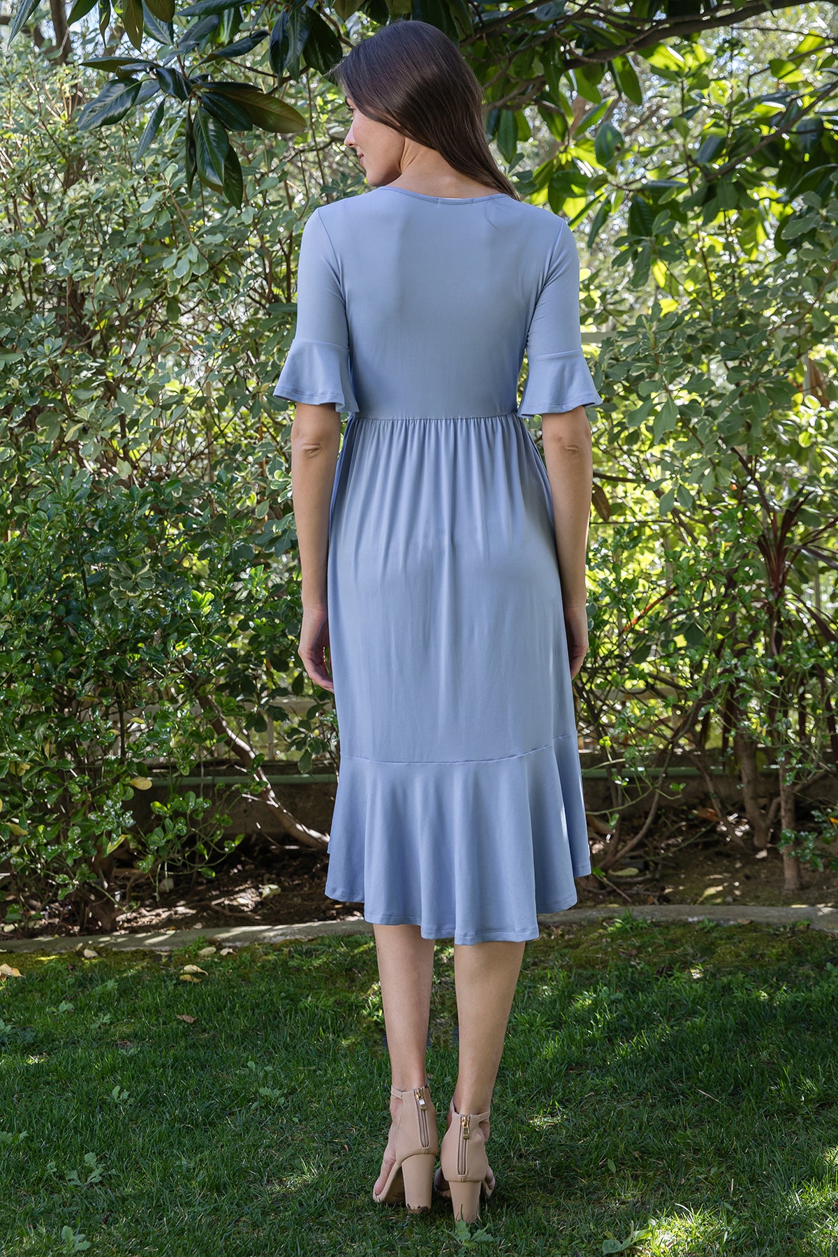 Solid Ruffle Sleeve Tiered Midi Dress