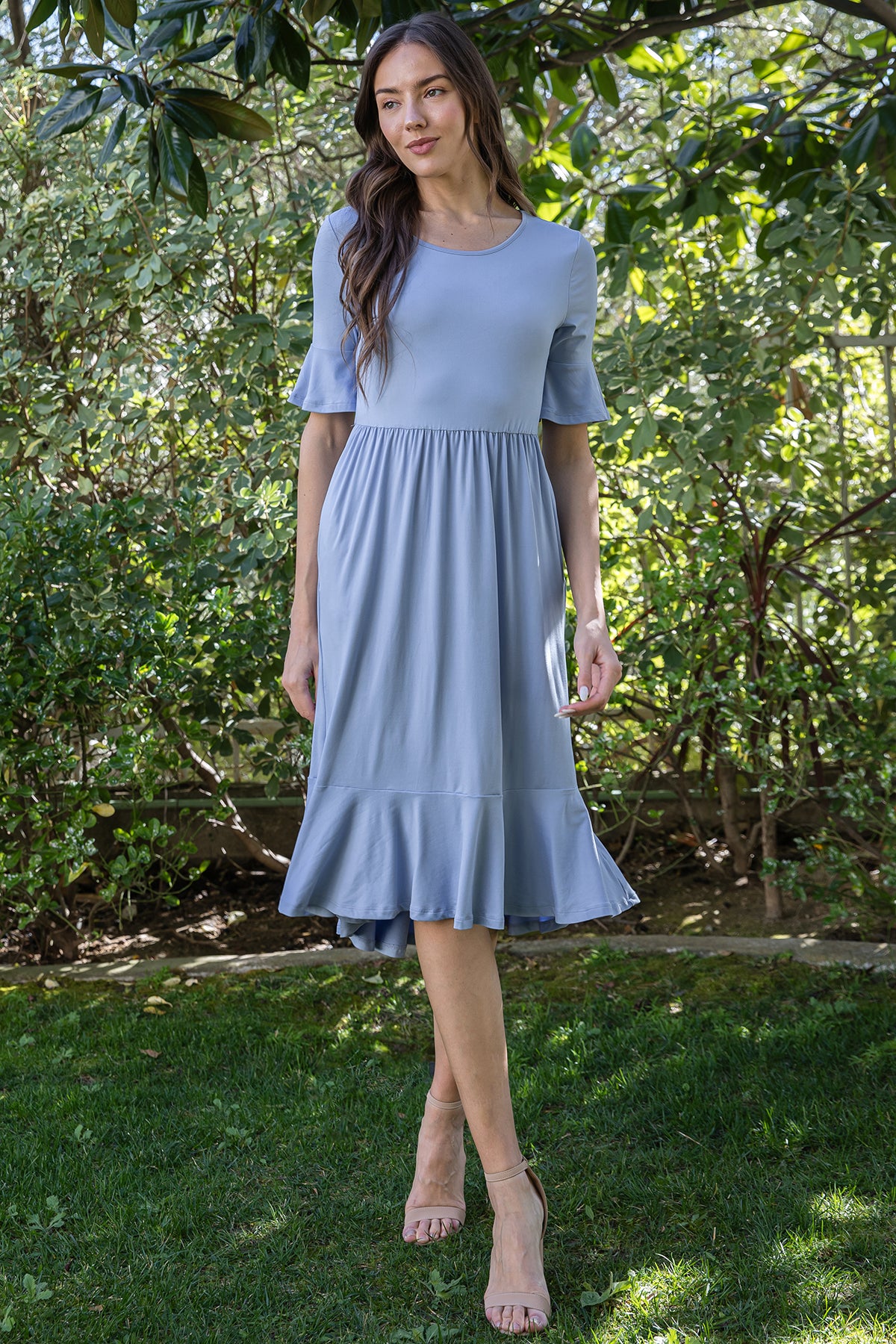 Solid Ruffle Sleeve Tiered Midi Dress
