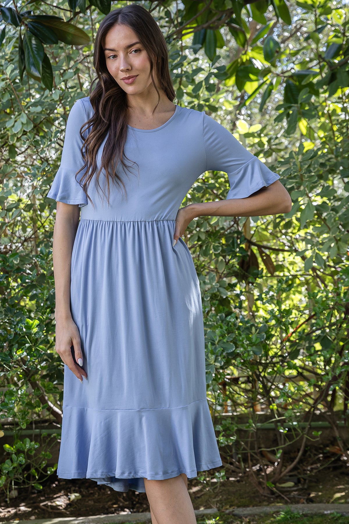Solid Ruffle Sleeve Tiered Midi Dress
