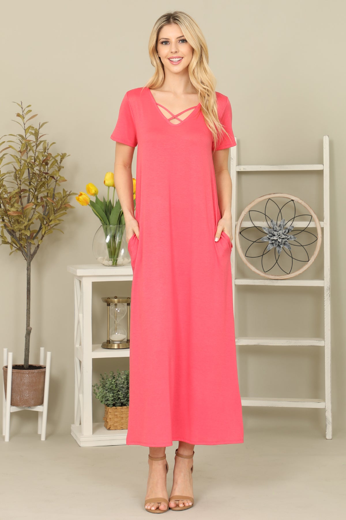 Side Slit Criss Cross Neckline Maxi Dress