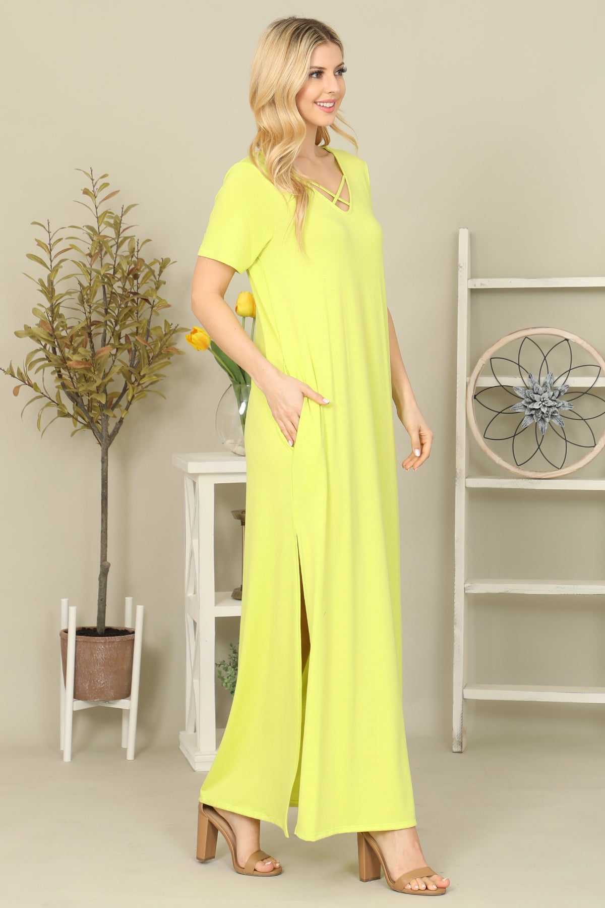 Side Slit Criss Cross Neckline Maxi Dress